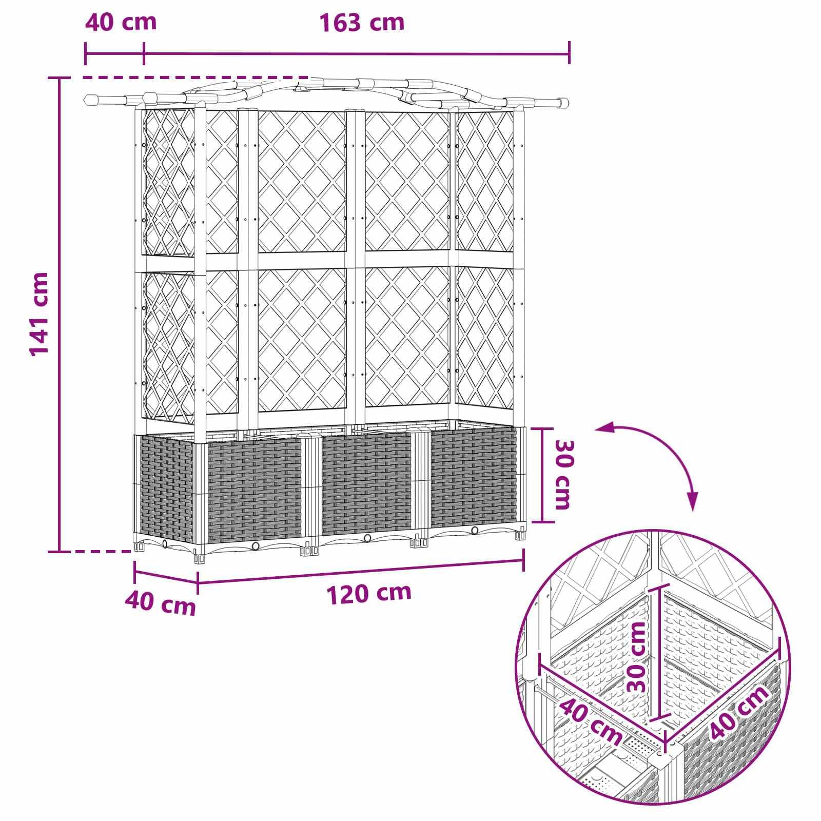 Jardinera elevada con enrejado y techo negro 163 x 40 x 141 cm PP resistente a la intemperie exterior para balcón terraza con almacenamiento de agua, resistente a las heladas y decorativo