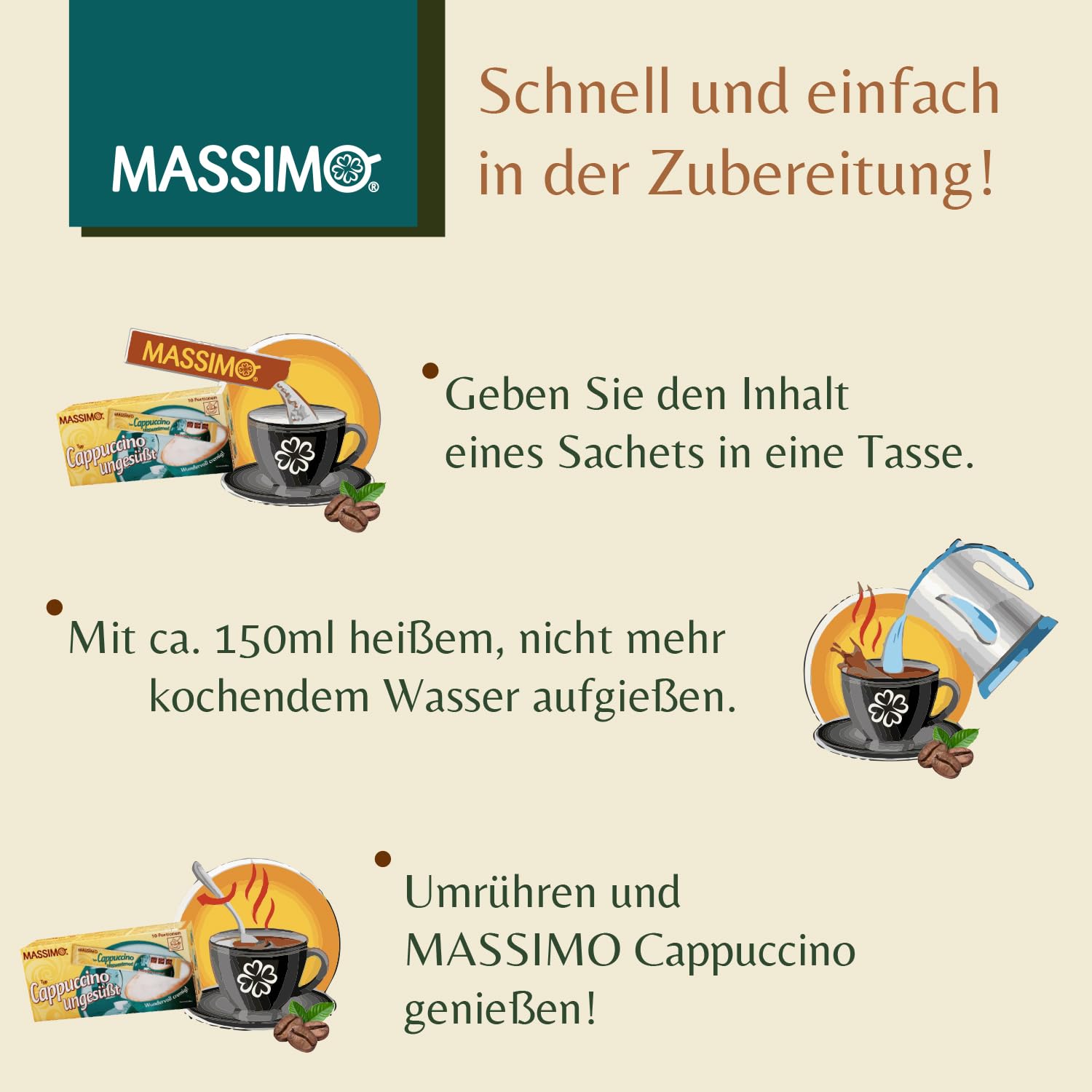 MASSIMO Cappuccino niesłodzone, 160 patyczków, 16 x 10 patyczków po 12,5 g, opakowanie ekonomiczne, rozpuszczalna kawa ziarnista, kakao, bez cukru, szybkie przygotowanie, zawiera kofeinę, kawa