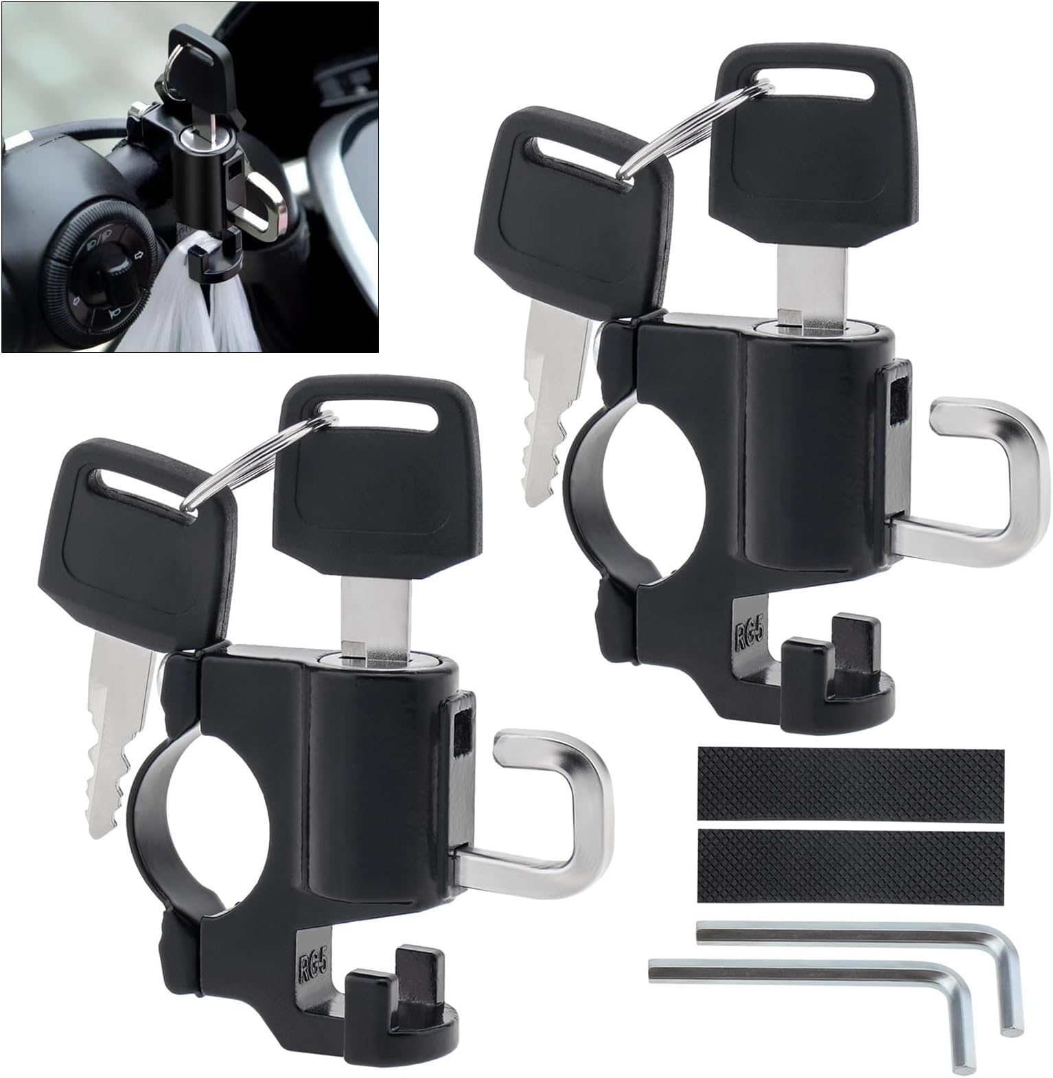 Windance 2PCS Anti-Theft Helmet Lock Hook with Mounting Clamp for Motorcycle Scooter ATV Bicycles, Aluminum Alloy Security Lock (Dual Hook)