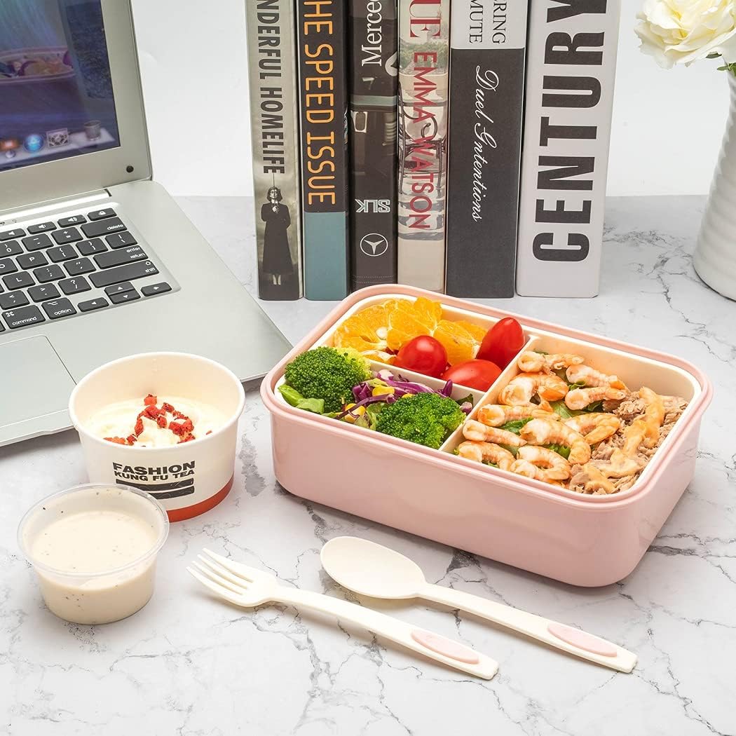 Bento Box For Adults Kids - 1100ML All-in-One Premium Japanese Bento Lunch Box Container With Utensil, Eco-Friendly, Micro-Wave Dishwasher Freezer Safe (Pink) -