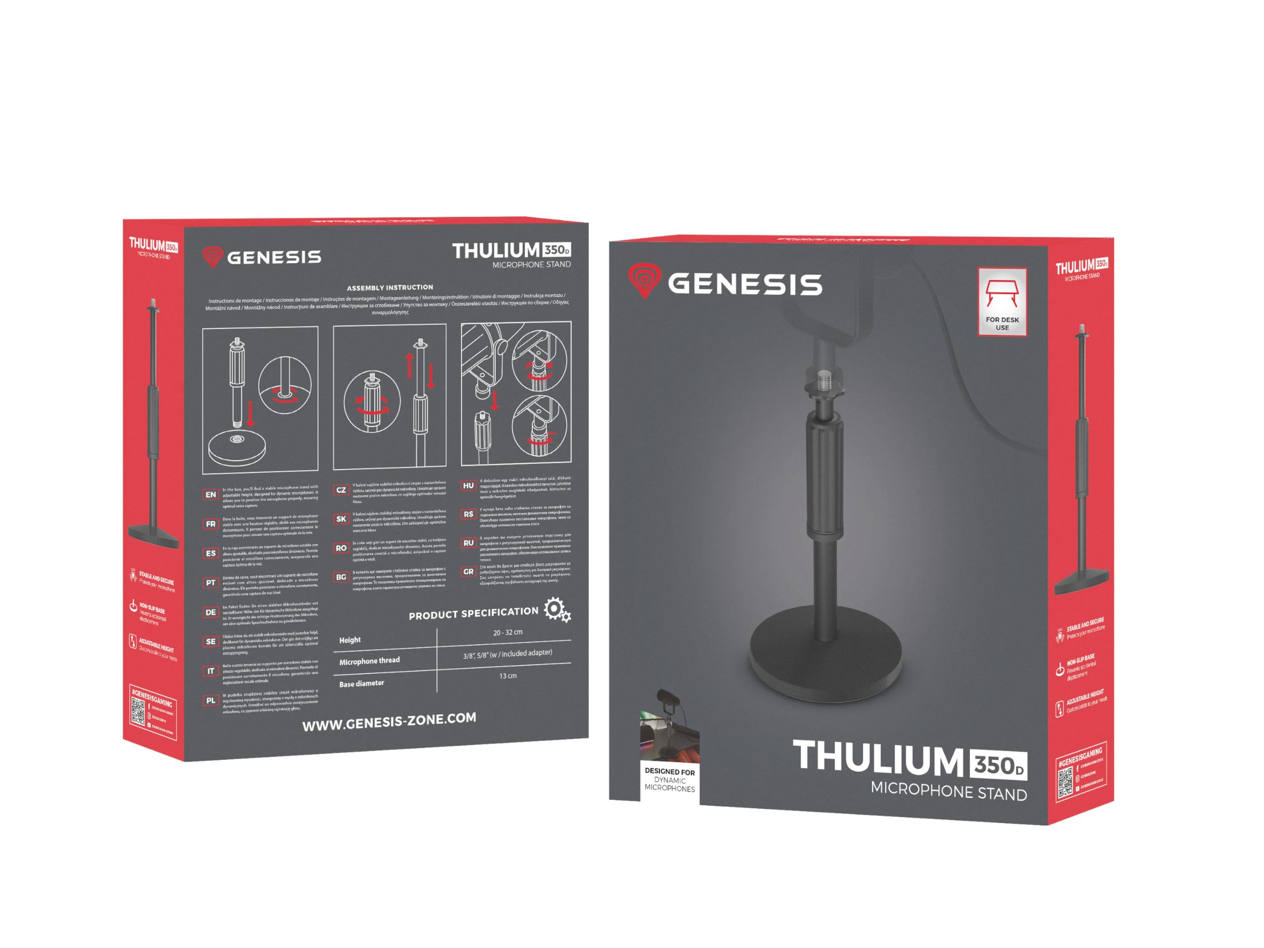 Genesis Thulium - Supporto per microfono da tavolo 350D, altezza regolabile 20-32 cm, base antiscivolo, filettatura da 3/8" + adattatore da 5/8", stabile supporto da scrivania per streaming, podcast