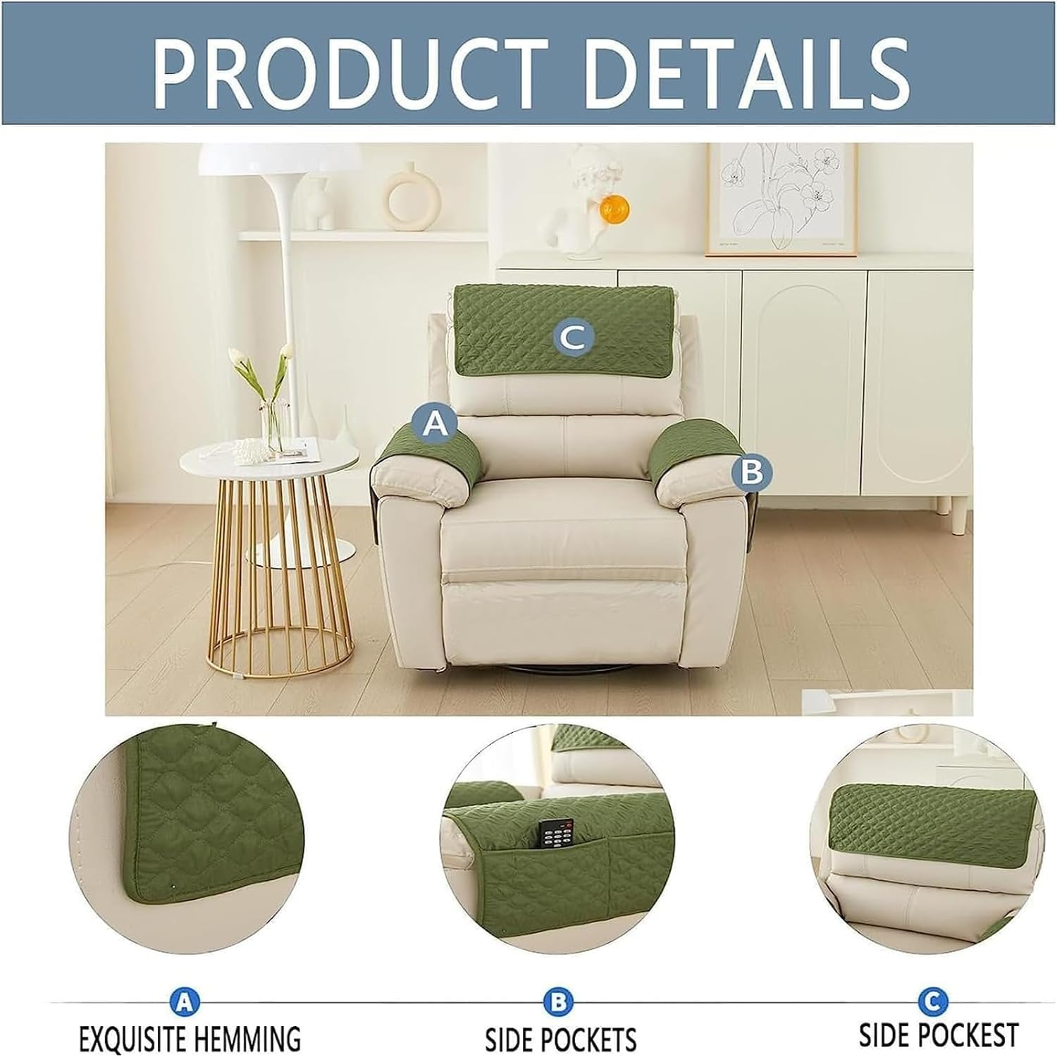 3/4/5 Pcs/Set Recliner Headrest Protector Sofa Armrest Cover, 1/2/3 Seater Slipcovers with Pocket Nonslip Armchair Cover Quilted Furniture for Leather Couch (Col