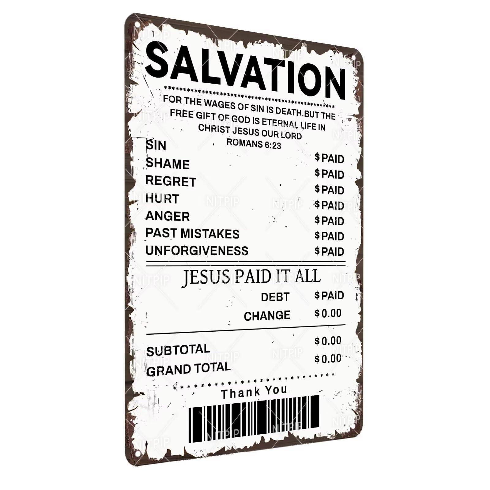 Jesus Paid it All - Christian Metal Tin Sign, Motivational Vintage Inspirational Faith Signs Religious Prayer Metal Sign for Living Room, Office, Bedroom, or Home Decor 8x12 Inch