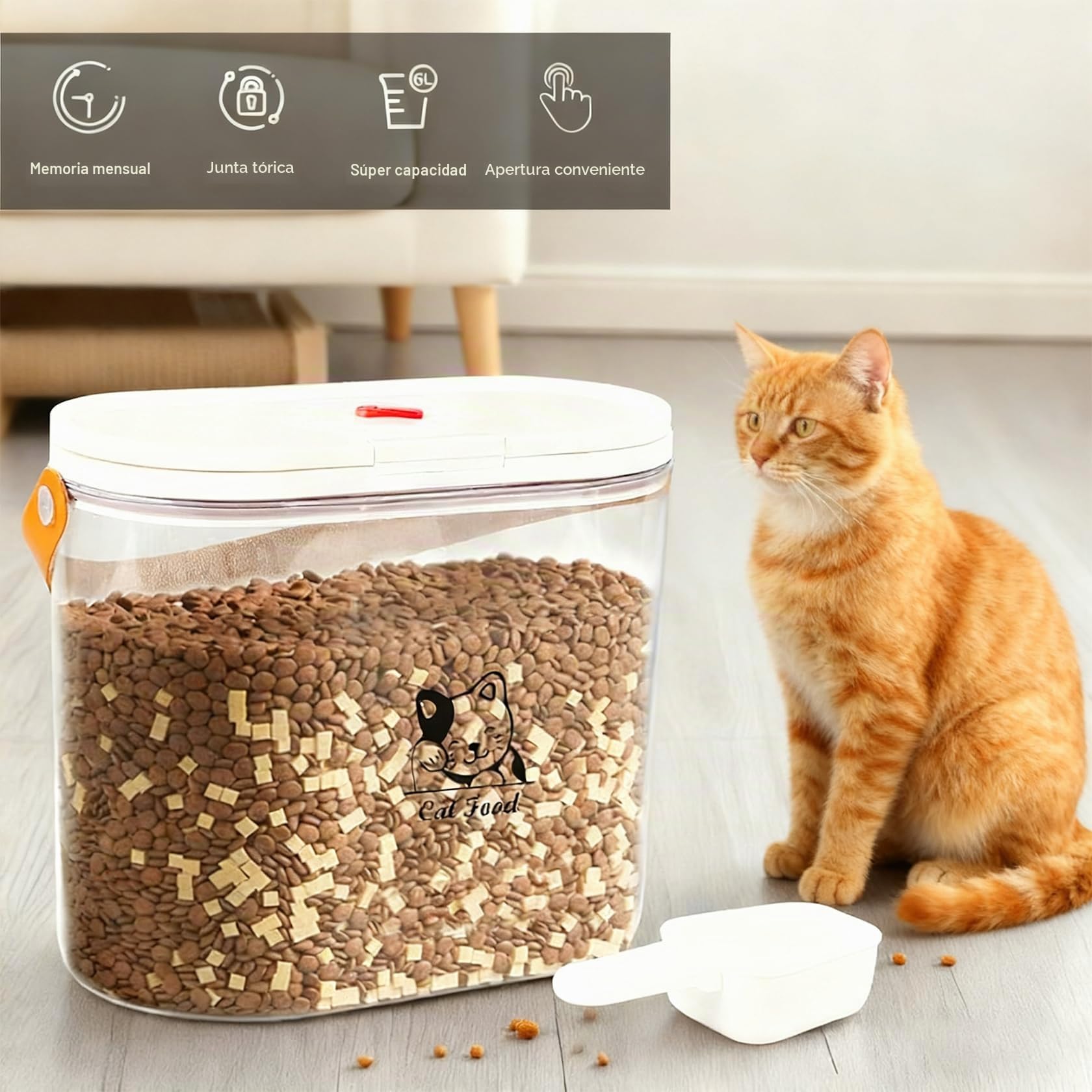 Almacenamiento de comida para gatos de 7 libras con asa y cuchara dosificadora – Almacenamiento de comida para perros de plástico transparente – Libre de BPA – Contenedor de comida al aire libre para