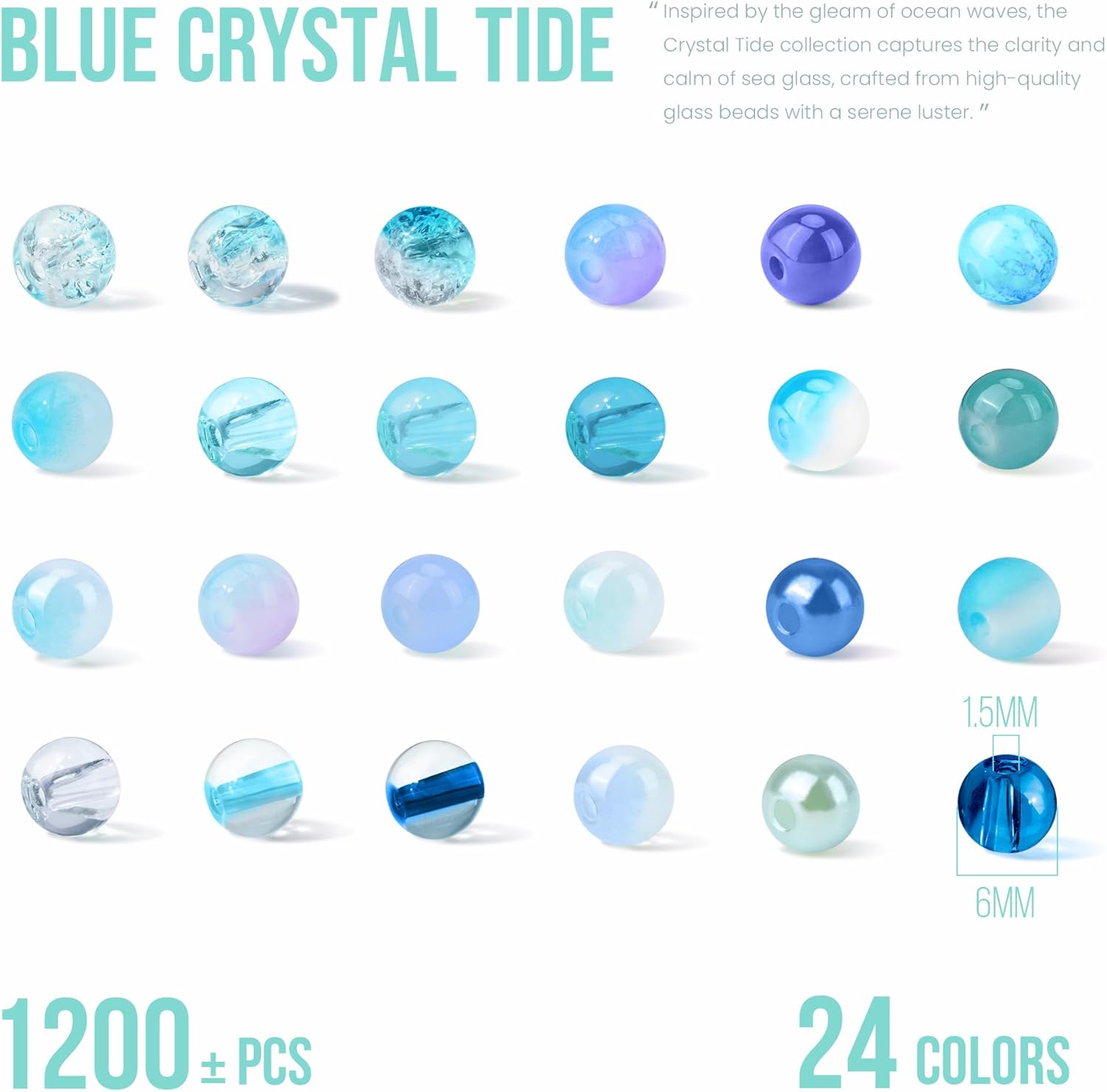 1200PCS 6mm Blue Glass Beads for Bracelets, 24 Colors Crystal Beads Bracelets Making Kit and Jewelry Making, Round Blue Ocean Sea Beads for Friendship Bracelets Earring Necklace DIY Crafts - Image 2