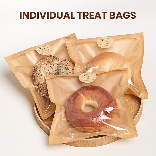 Miniatura 6 de Paquete de 200 bolsas de panadería termosellables con ventana, papel kraft resistente a la grasa, bolsas de galletas para embalaje de donas,