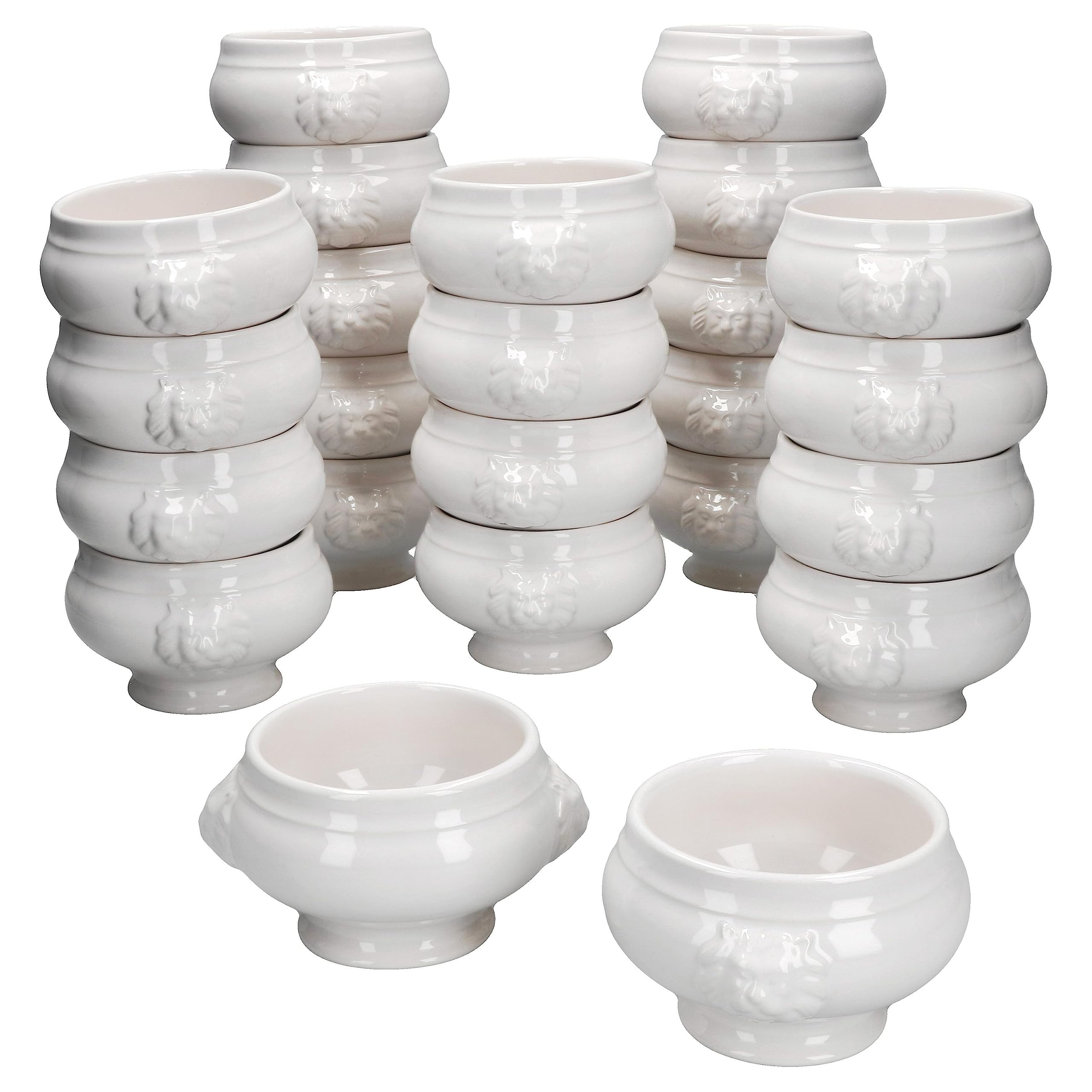 MamboCat Leo, set da 24 terrine a testa di leone, piccole – 250 ml, per 24 persone, tazze da zuppa bianche da 0,25 litri, zuppa con teste di leone, per zuppa di nozze, piselli o lenticchie
