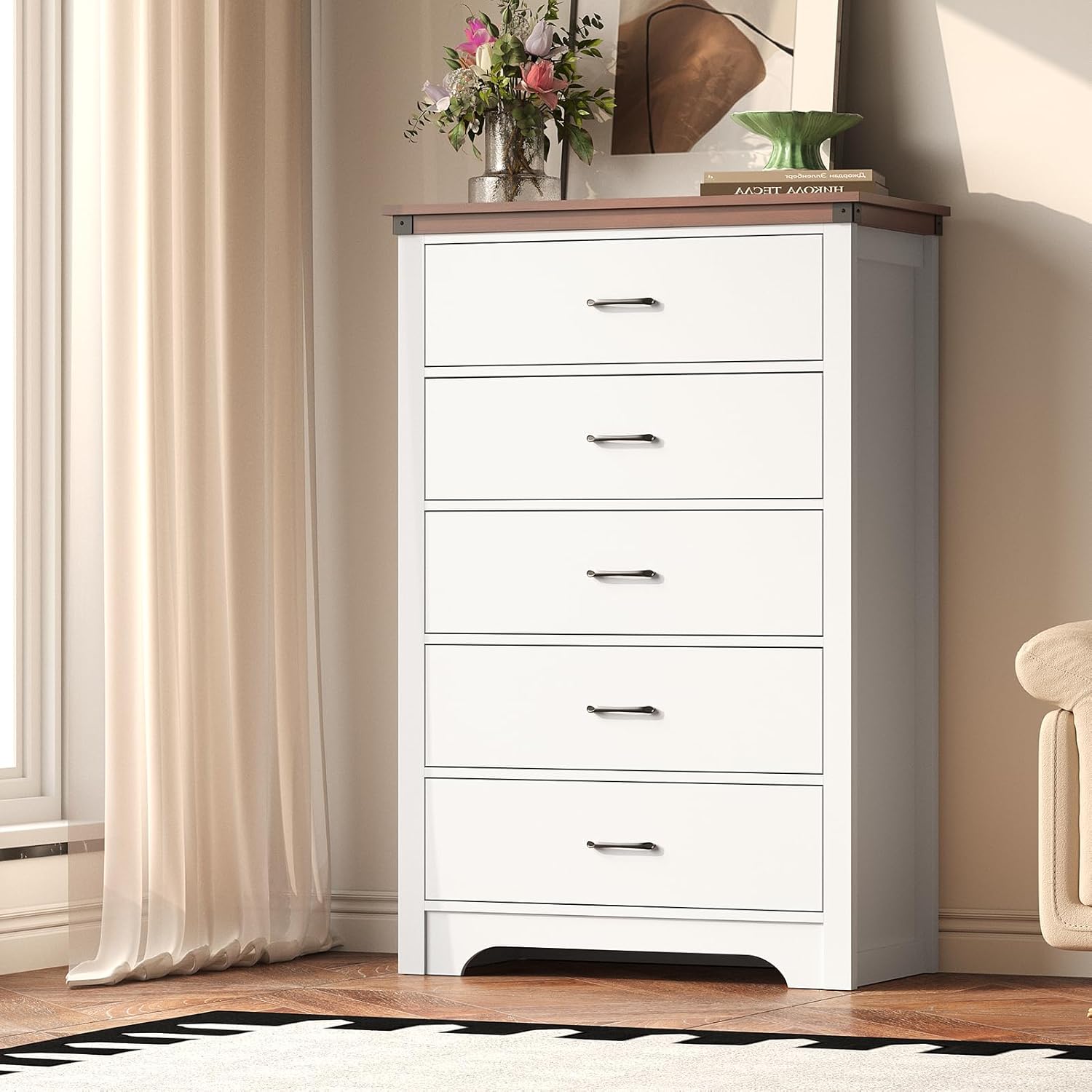 Airynee 5 Drawers Dresser for Bedroom, 47.2" Tall Farmhouse Storage Organizer, Wood Tabletop TV Stand for Living Room, Guest Room, Closet, Entryway, and Nursery, White