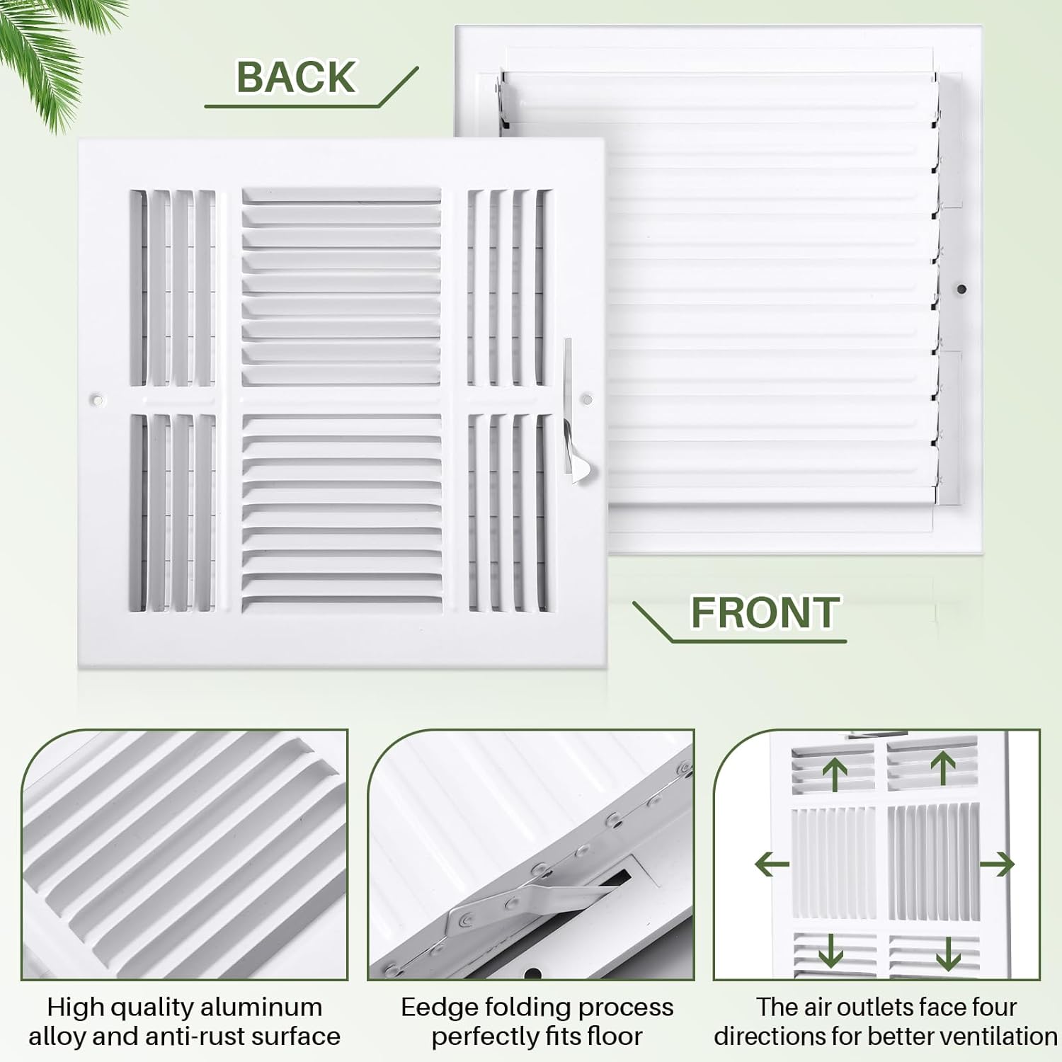 VIHOSE 2 Pcs 10 x 10 Inch 4 Way Air Vent Cover for Home Ceiling or Wall Ceiling Register Stamped Face Steel Sidewall Ceiling Register White Square Vent Cover