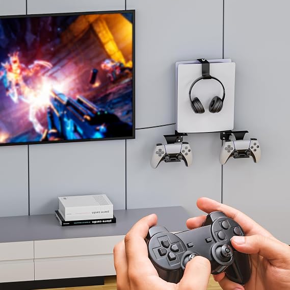Adjustable PS5 Wall Mount Bracket,Metal Base, With 2 Detachable Controller Holder And Headphone Holder,for PS5/PS5 Slim/PS5 pro