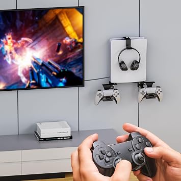 Adjustable PS5 Wall Mount Bracket,Metal Base, With 2 Detachable Controller Holder And Headphone Holder,for PS5/PS5 Slim/PS5 pro