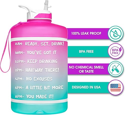 Miniatura 2 de HydroMATE Botella de agua de 1 galón con mensaje motivacional y marcador de tiempo con popote y asa grande, reutilizable, sin BPA, a prueba de