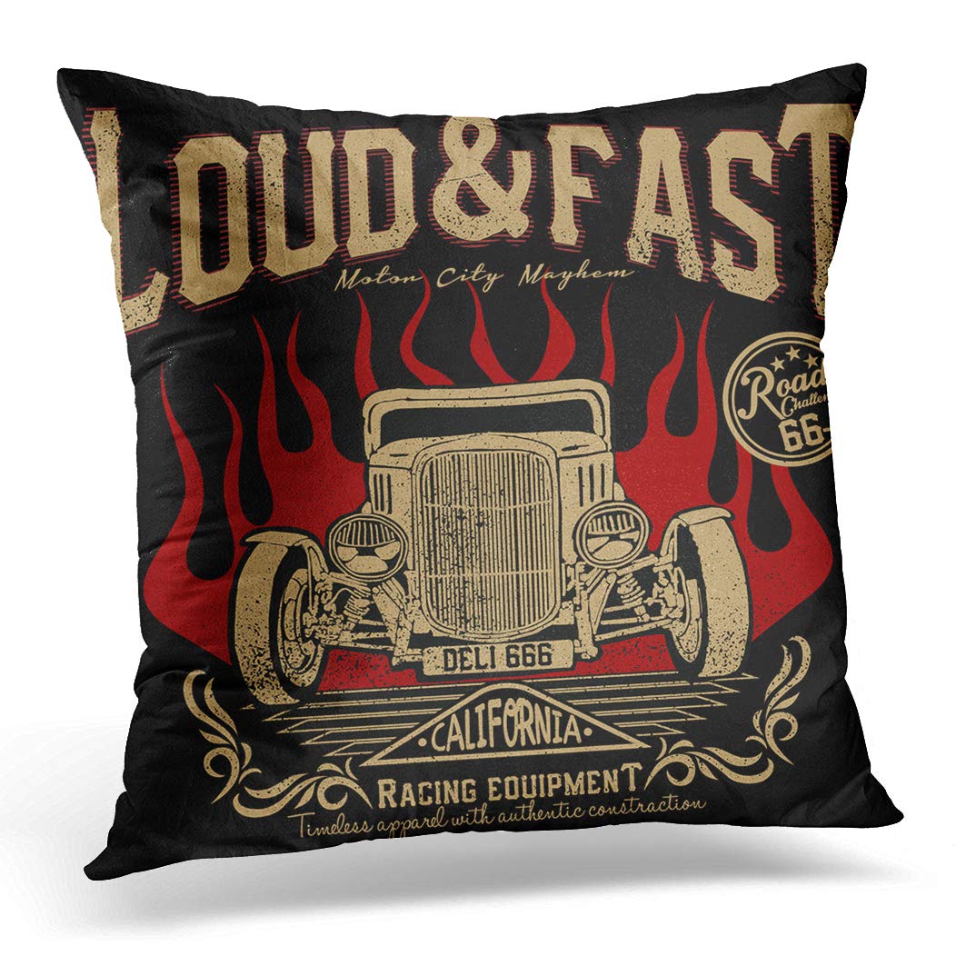 Awowee Cushion Cover 45x45cm/18x18inches Loud and Fast Racing Equipment Hotrods Car Old School Home Decor Throw Pillow Cover Square Pillowcase for Bed Sofa