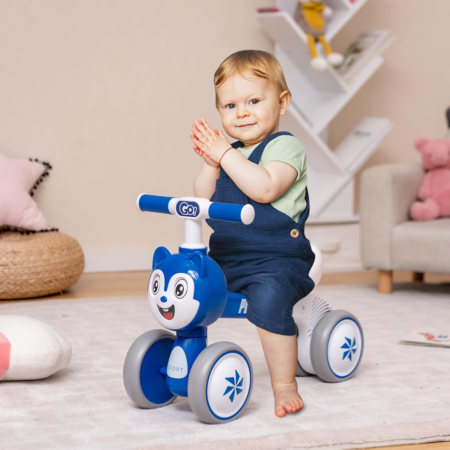 BABY JOY Balance Bike, No-Pedal Lightweight Toddler Bike with 4 Wheels, First Birthday Gift Balance Bike for 1+ Year Old Boys & Girls, Indoor & Outdoor Animal Ride-On Toy, Blue
