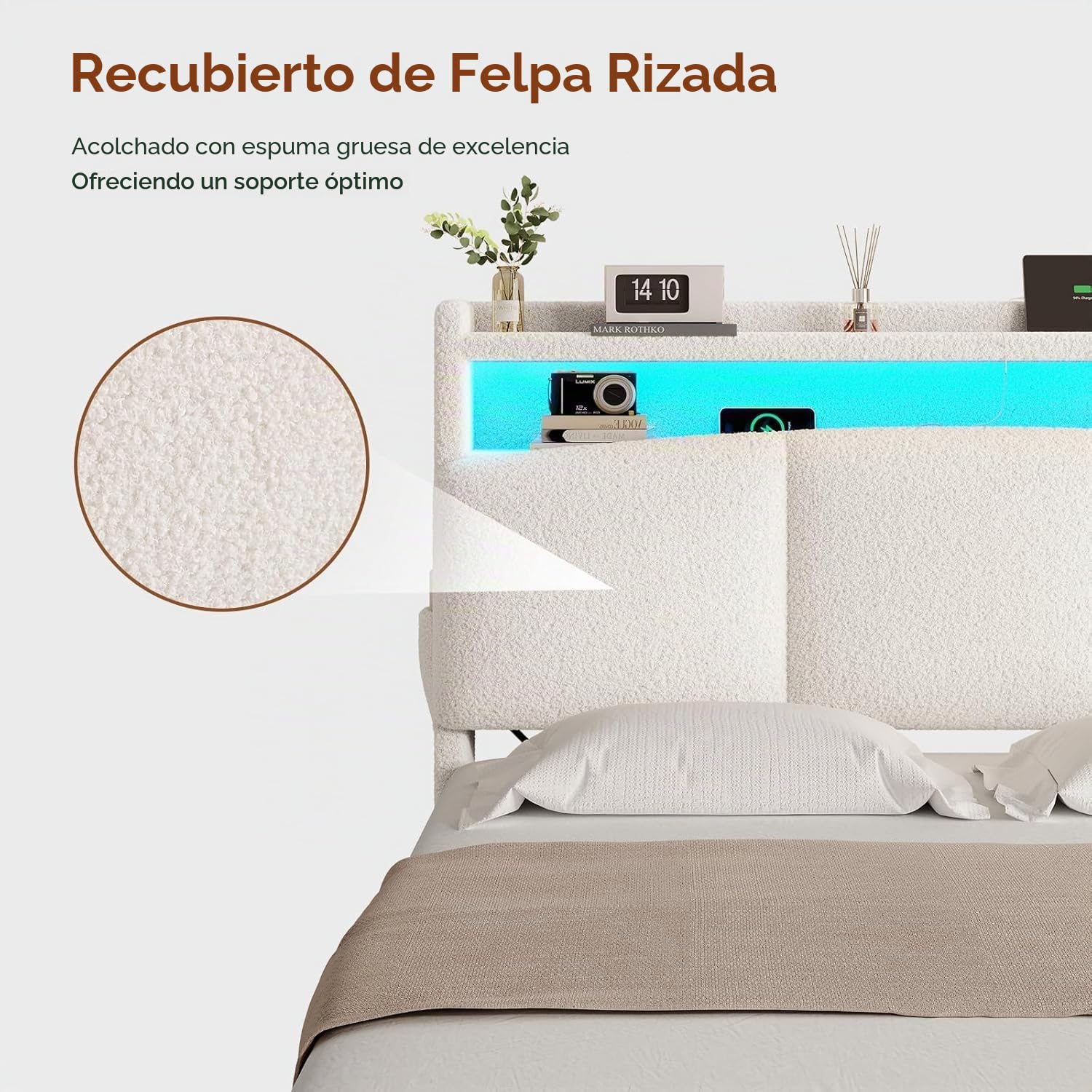 AGOLLATI Camas Matrimoniales 140x200 cm con Luz LED y Estación de Recarga, Cama Canape Hidráulica con Almacenamiento, Estructura Cama Tapizada con Cabecero Almacenador, Beige (Peluche Teddy)