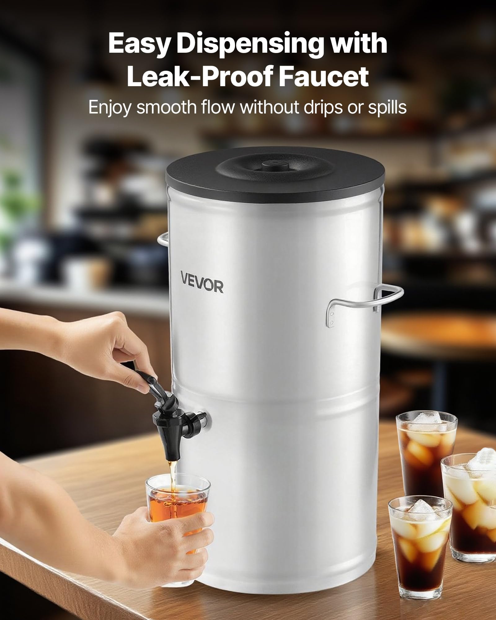 VEVOR Distributore di Tè Freddo da 15 L Distributore di Bevande Isolato in Acciaio Inox 304 con Rubinetto e Maniglia, per Bevande Calde e Fredde, per Caffè e Acqua in Bar e Ristoranti