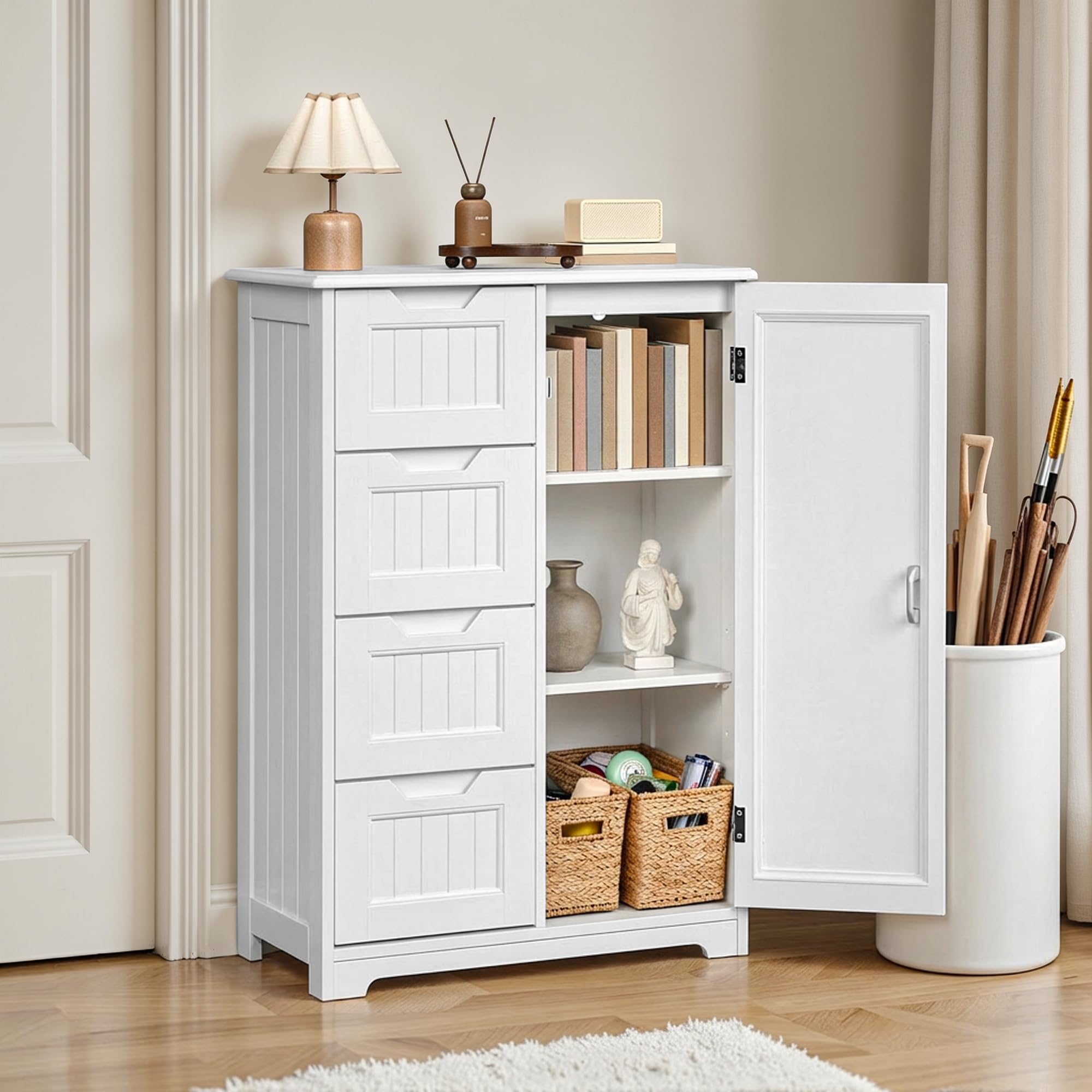 Meuble de Salle de Bain avec 4 tiroirs, Meuble autoportant, Meuble latéral avec Porte et séparateur Ajustable, pour Salle de Bain, Couloir, 30 x 60 x 85 cm (Blanc)