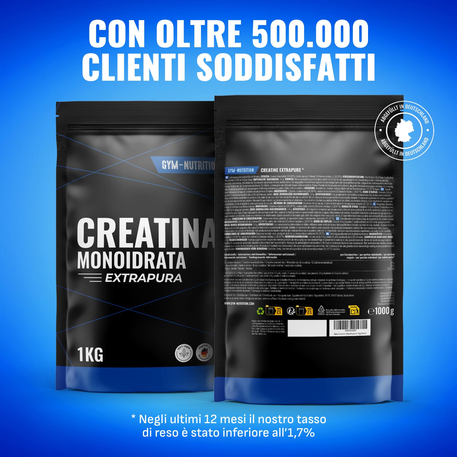 Creatina Monoidrato Polvere 1KG - 100% Vegan, Extrapura - Creatina Monoidrato con Inulina - Prodotta in Germania - Creatine Monohydrate Powder