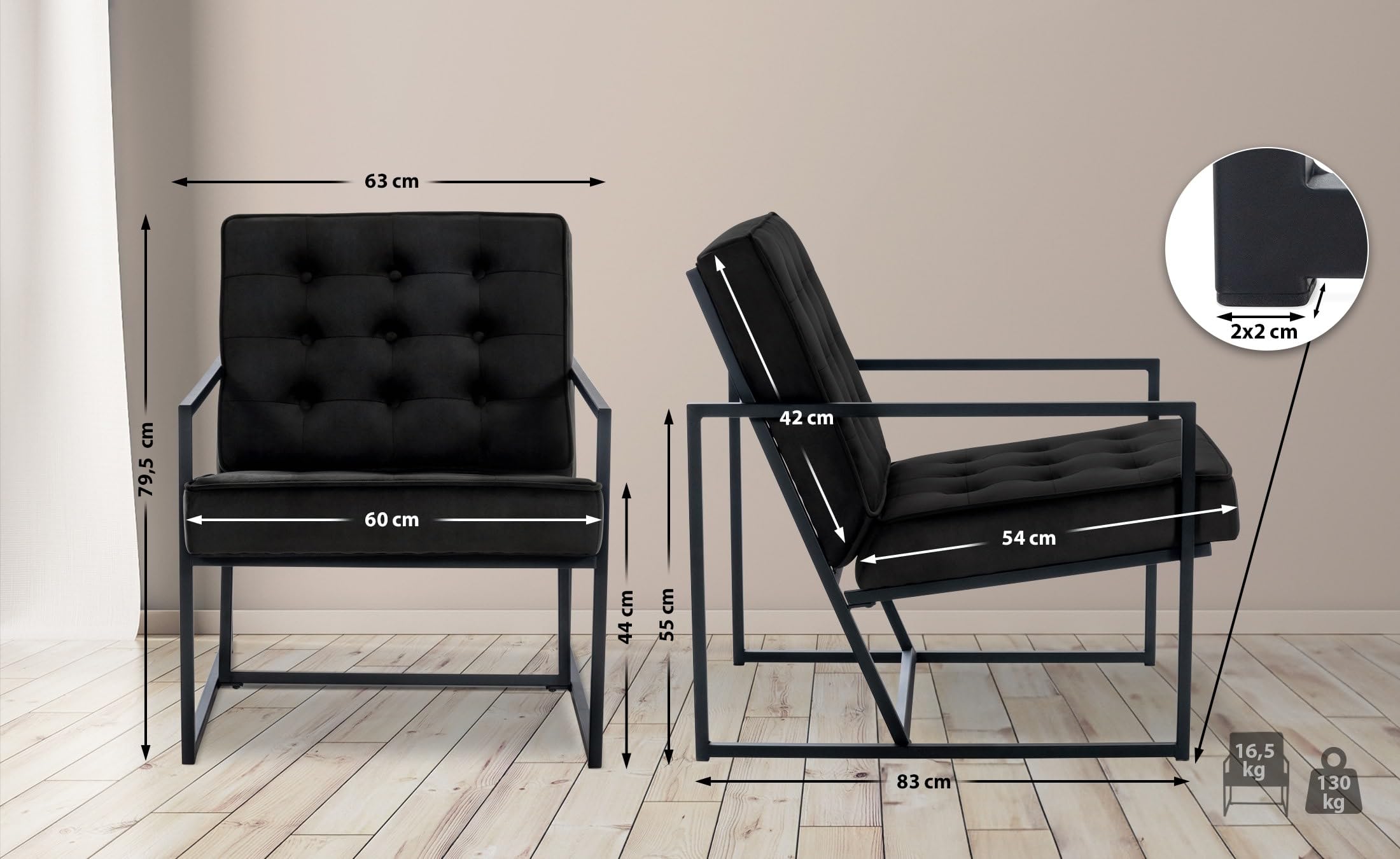 CLP Lounger Avon Samt - Lesesessel Mit Gestepptem Samtbezug Und Stabilem Metallgestell, Farbe:schwarz