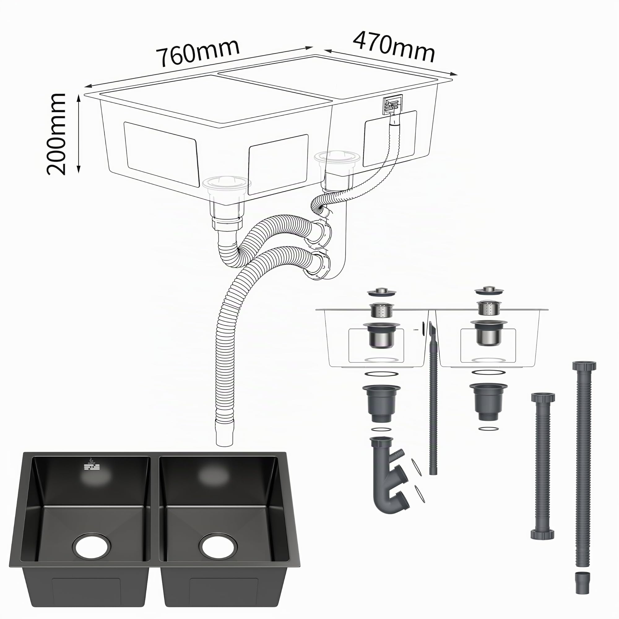 Fregadero de Cocina Doble Seno 760x470 mm, 2 Cubetas 200 mm Altura, Sobre Encimera, Desagüe Ø110 mm (Negro)