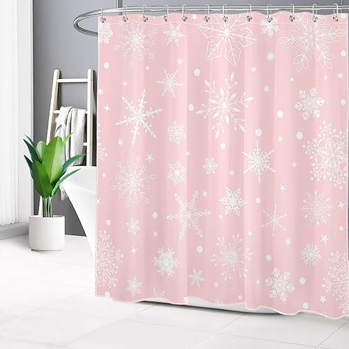 Miniatura 2 de LB Pink Christmas Shower Curtain Sets with Rugs Winter Snowflake on Pink and White Fabric Shower Curtain with Hooks New Year Holiday Bathroom