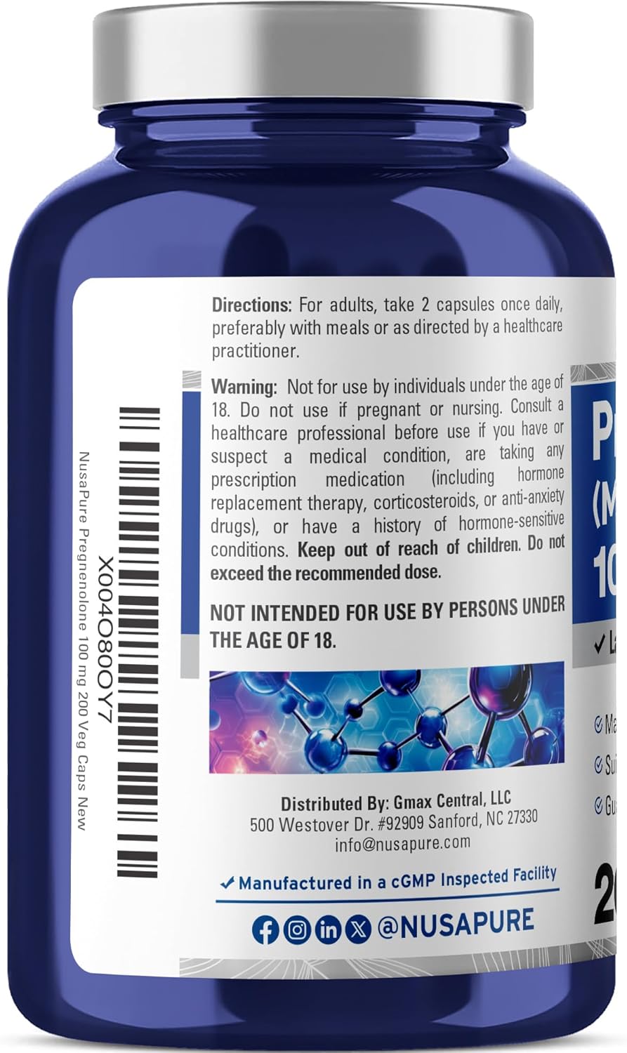 NusaPure Pregnenolone (Micronized) 100 mg Per Serving 200 Veg Caps Dietary Supplement Vegan, Non-GMO - Image 3