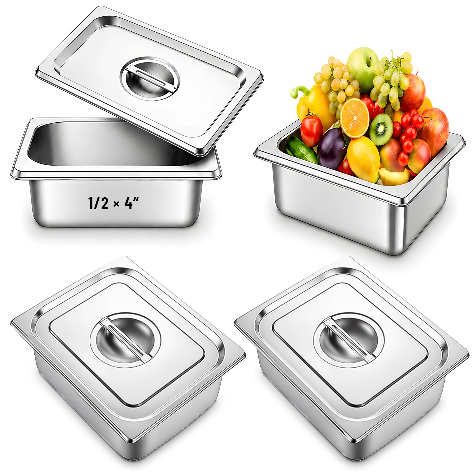 Juego de 4 Gastronorm GN 1/2, 26,5 x 32,5 x 10 cm, Recipientes de Acero Inoxidable con Tapa, Recipientes Apilables para Hostelería, Recipientes Gastro para Carne Pescado Fruta Helado Salsa