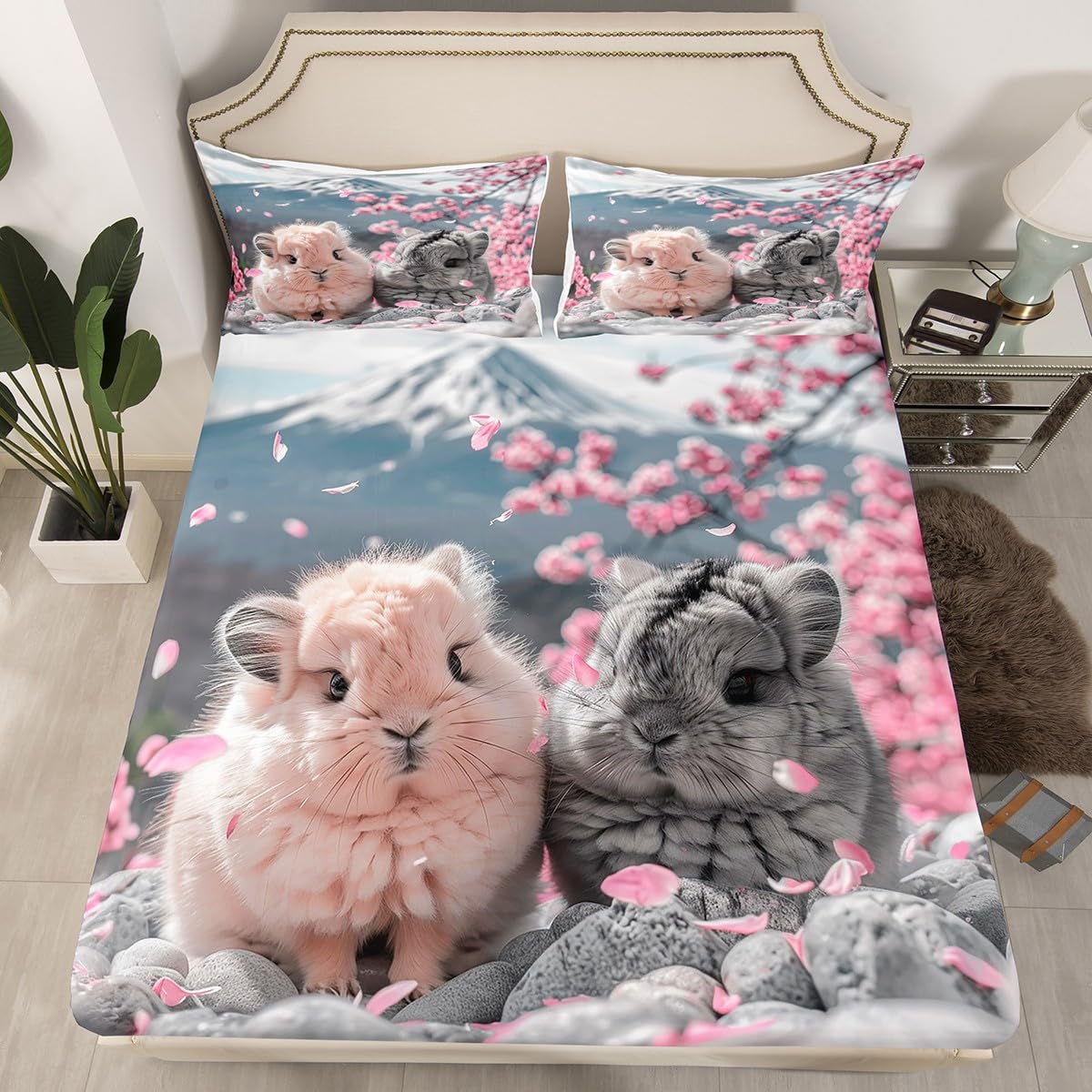 Erosebridal Cute Chinchilla Queen Fitted Sheet,Pink Cherry Blossom Japanese Style Bedding Set,Kawaii Animal Print Bottom Sheets Gifts for Pet Lovers,