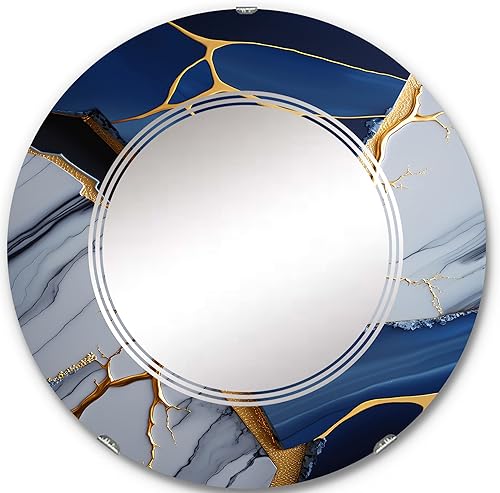 DesignQ Espejo de pared de mármol abstracto, espejo moderno ovalado, espejo de baño azul redondo, espejo de tocador de mármol abstracto de geoda