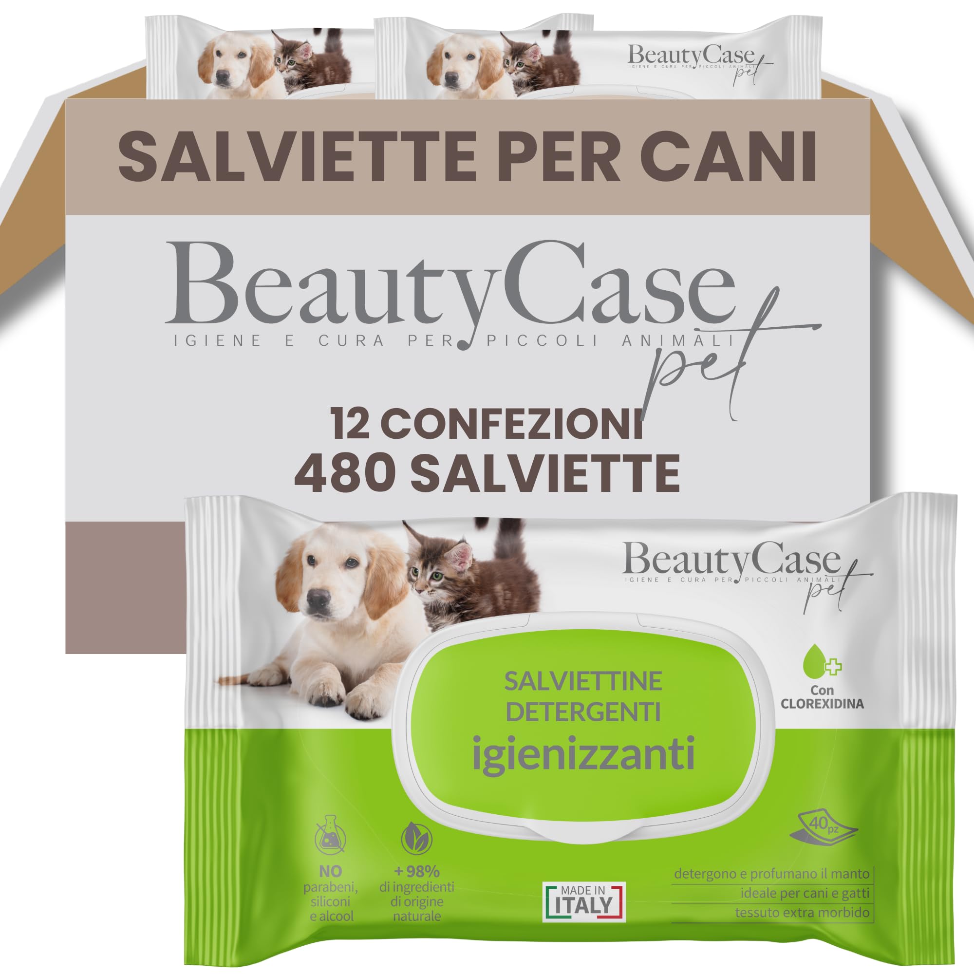 Beauty Case Pet Salviette Detergenti Cani e Gatti XL 20x30cm - 480x Salviette Umidificate Cane - 12x40 Salviettine Cani