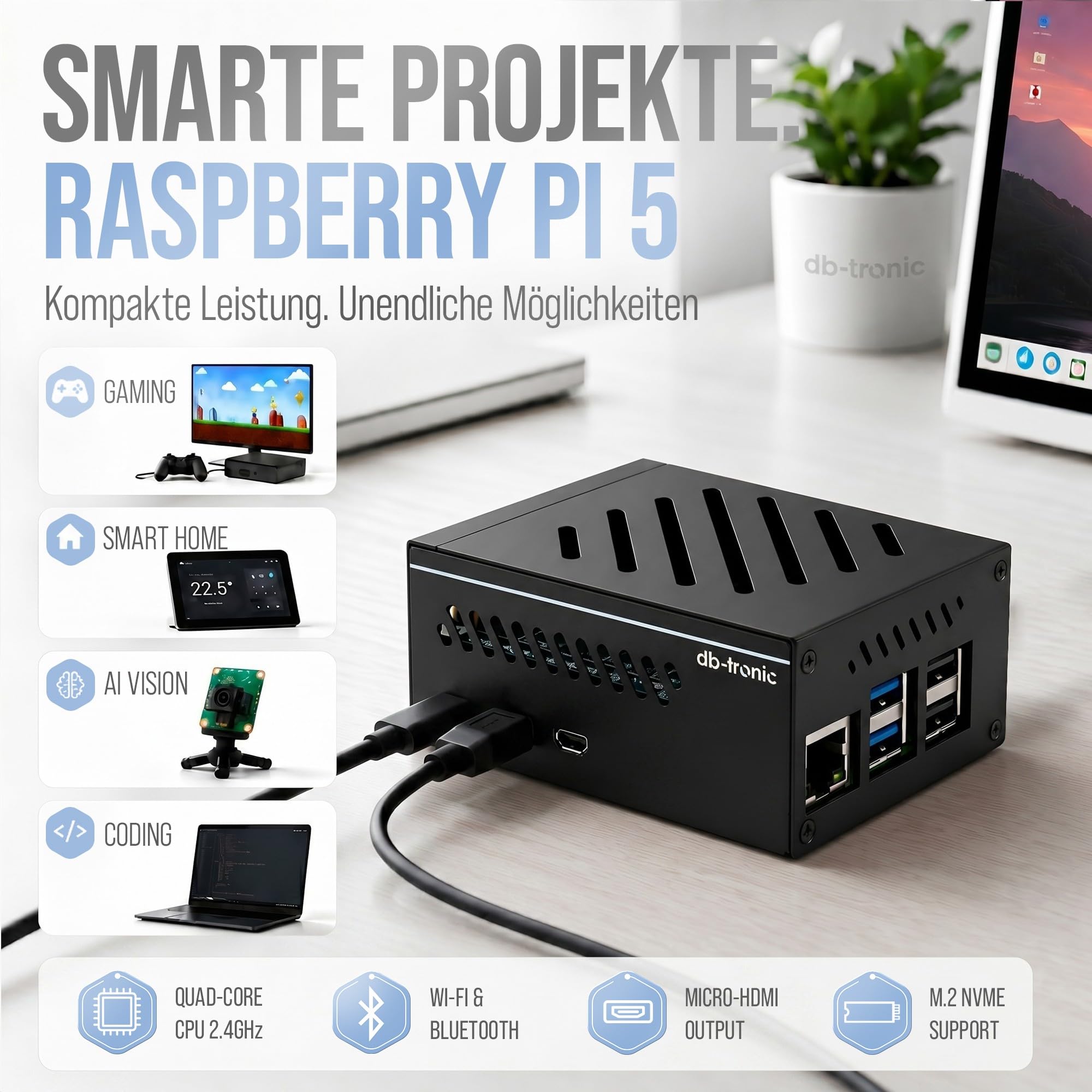 Raspberry Pi 5 4GB PCIe M.2 NVMe Set 64GB Edition 27W Netzteil Metallgehäuse Active Cooler