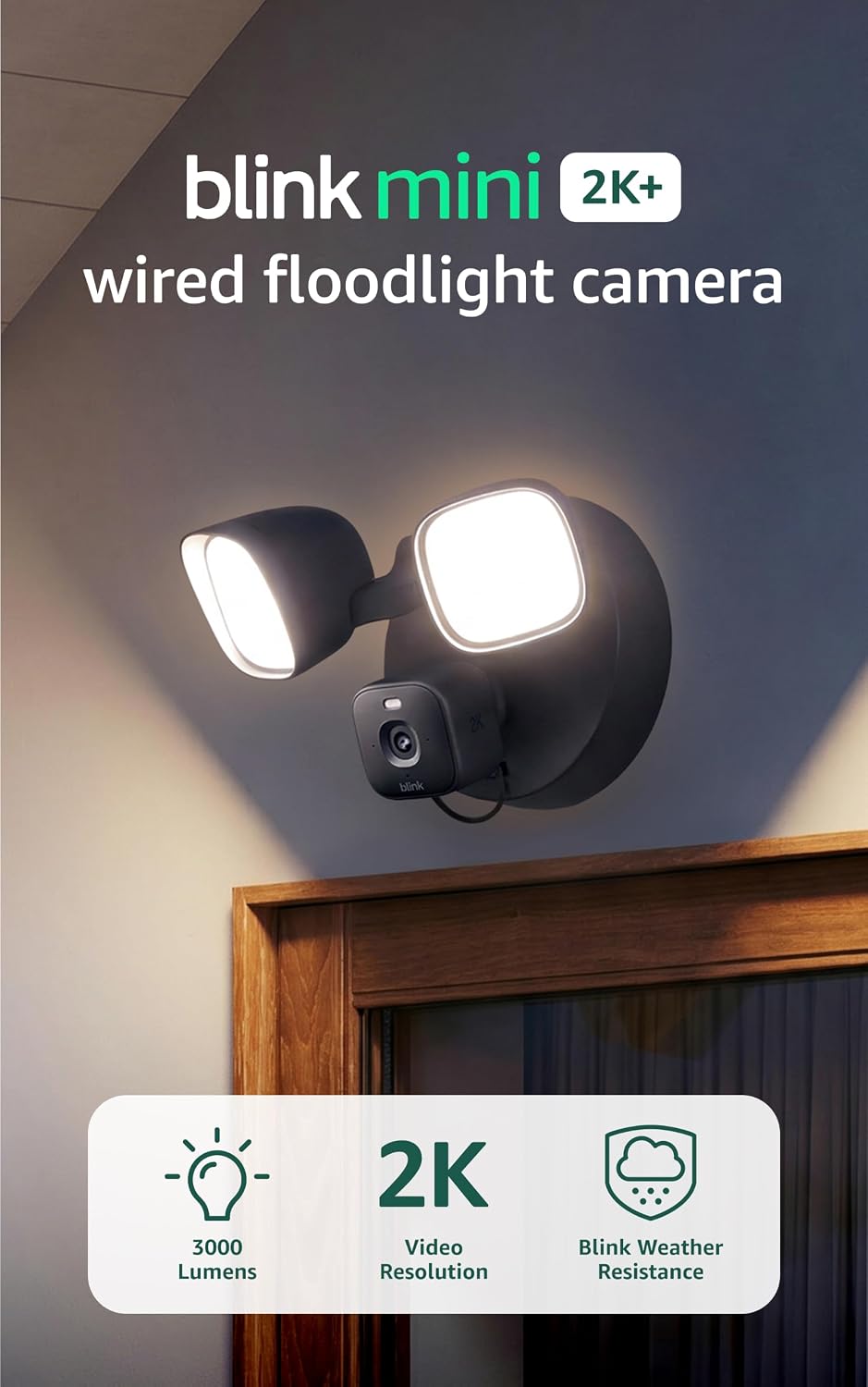 Blink Mini 2K+ Wired Floodlight Camera (newest gen) — Wired smart security, 3000 lumens, 2K video, motion-triggered – 1 camera + 1 mount (Black)