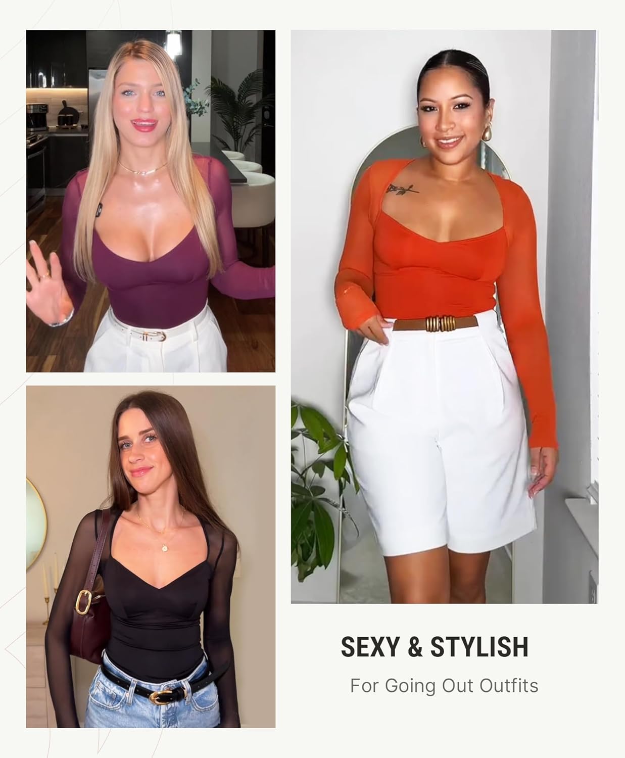 FeelinGirl Long Sleeve Bodysuit for Women Sexy Mesh V Neck Body Suits Thong Corset Top Going Out Outfits for Party