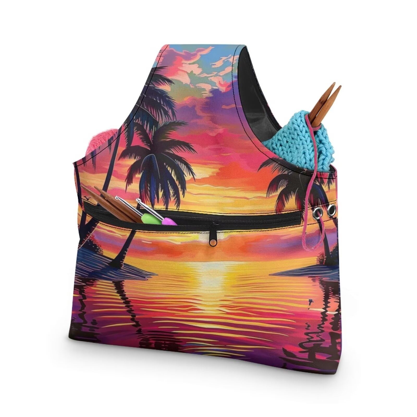 Tropical Knitting Bag Yarn Storage Organzier Portable Yarn Bag for Crocheting on the Go Palm Leaf Yarn Storage Shelves,Large