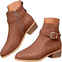 Ankle Boots For Women Chunky Low Heel Lace Up Side Zipper Dress Short Ankle Booties Fashion Almond Toe Slip On PU Leather Western Booties Comfortable Casual Flat Fall Boots Outdoor Walking Shoes