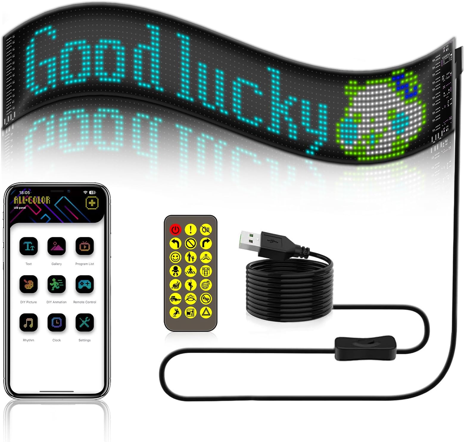 Car LED Sign,59.5 x 12 cm Flexible LED Matrix Panel, Bluetooth App Control Scrolling Led Display Board, Programmable DIY Edit Animations Text Message Board, USB Neon Sign with Remote Control