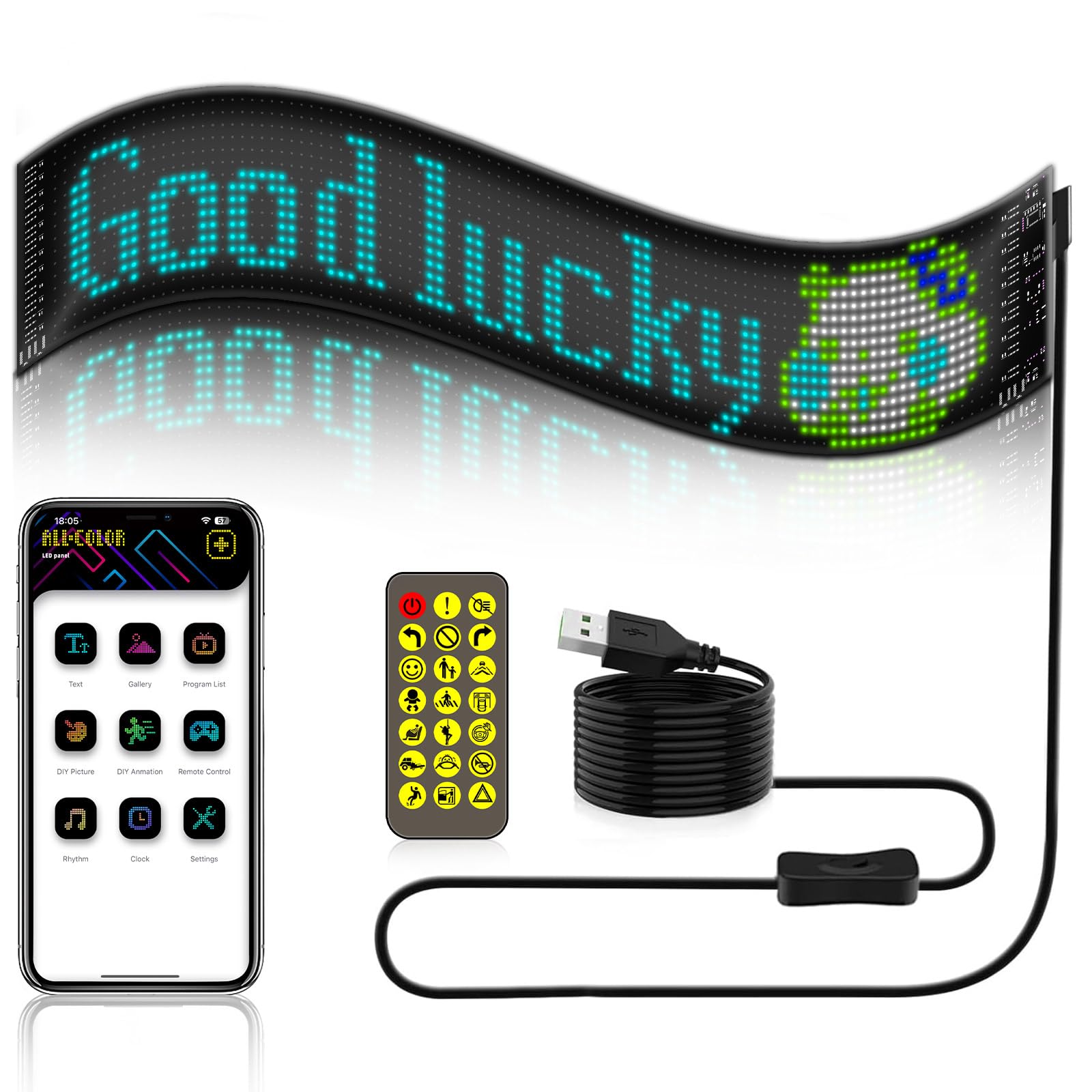 Car LED Sign,59.5 x 12 cm Flexible LED Matrix Panel, Bluetooth App Control Scrolling Led Display Board, Programmable DIY Edit Animations Text Message Board, USB Neon Sign with Remote Control