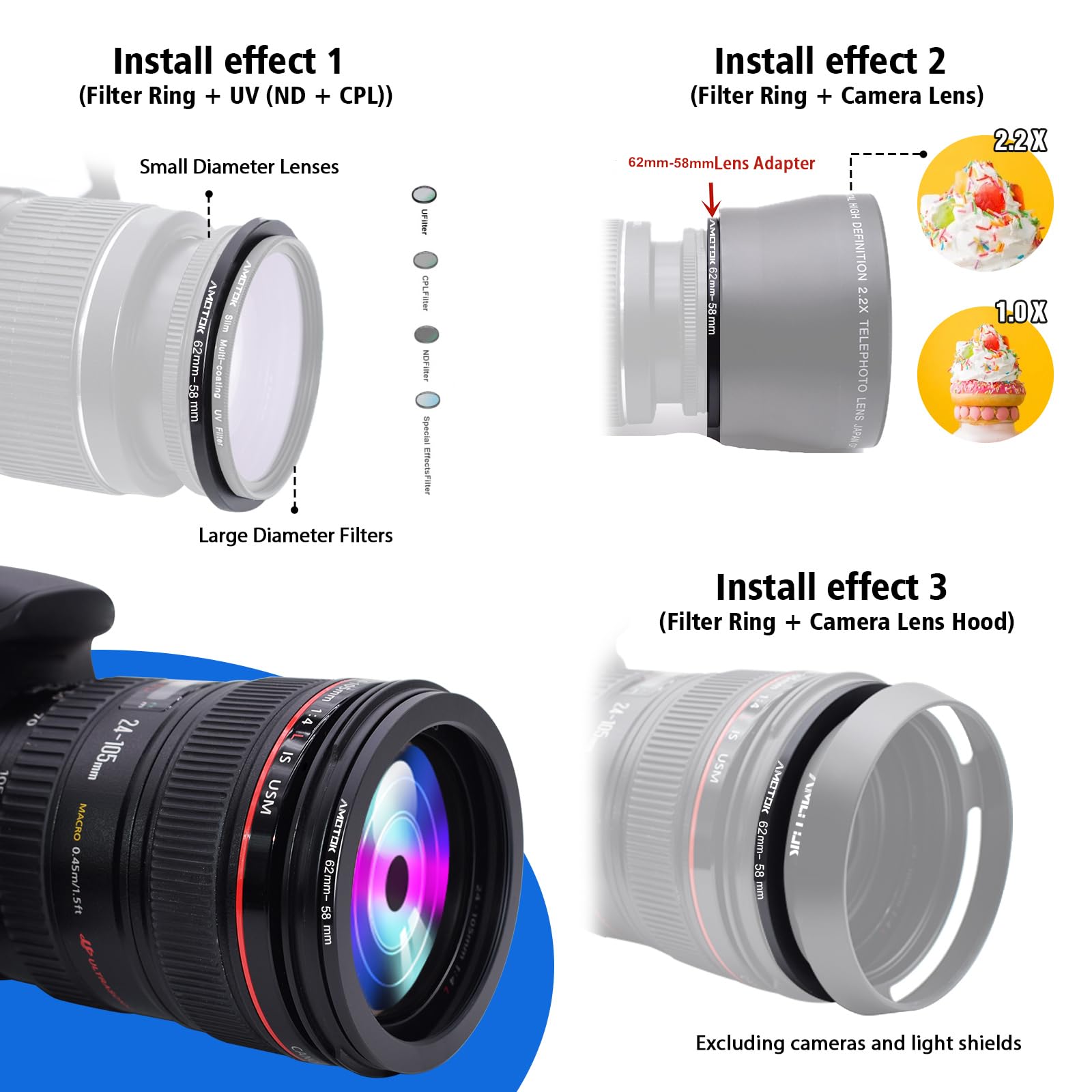 Adaptateur d'objectif 62mm à 58mm Bague d'adaptation Filtre CNC