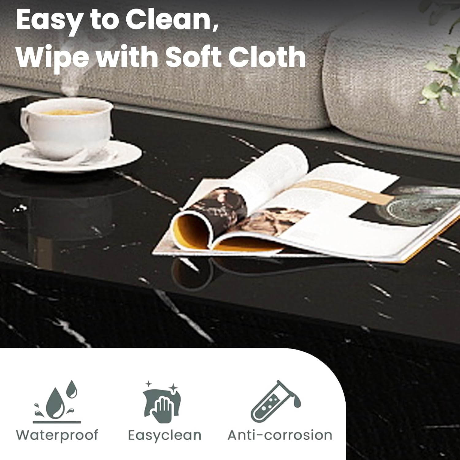 Black Marble Coffee Tables for Living Room, 41.3" Modern Rectangle Center Table for Sofa,Contemporary High Gloss Cocktail Tea Table for Waiting Area