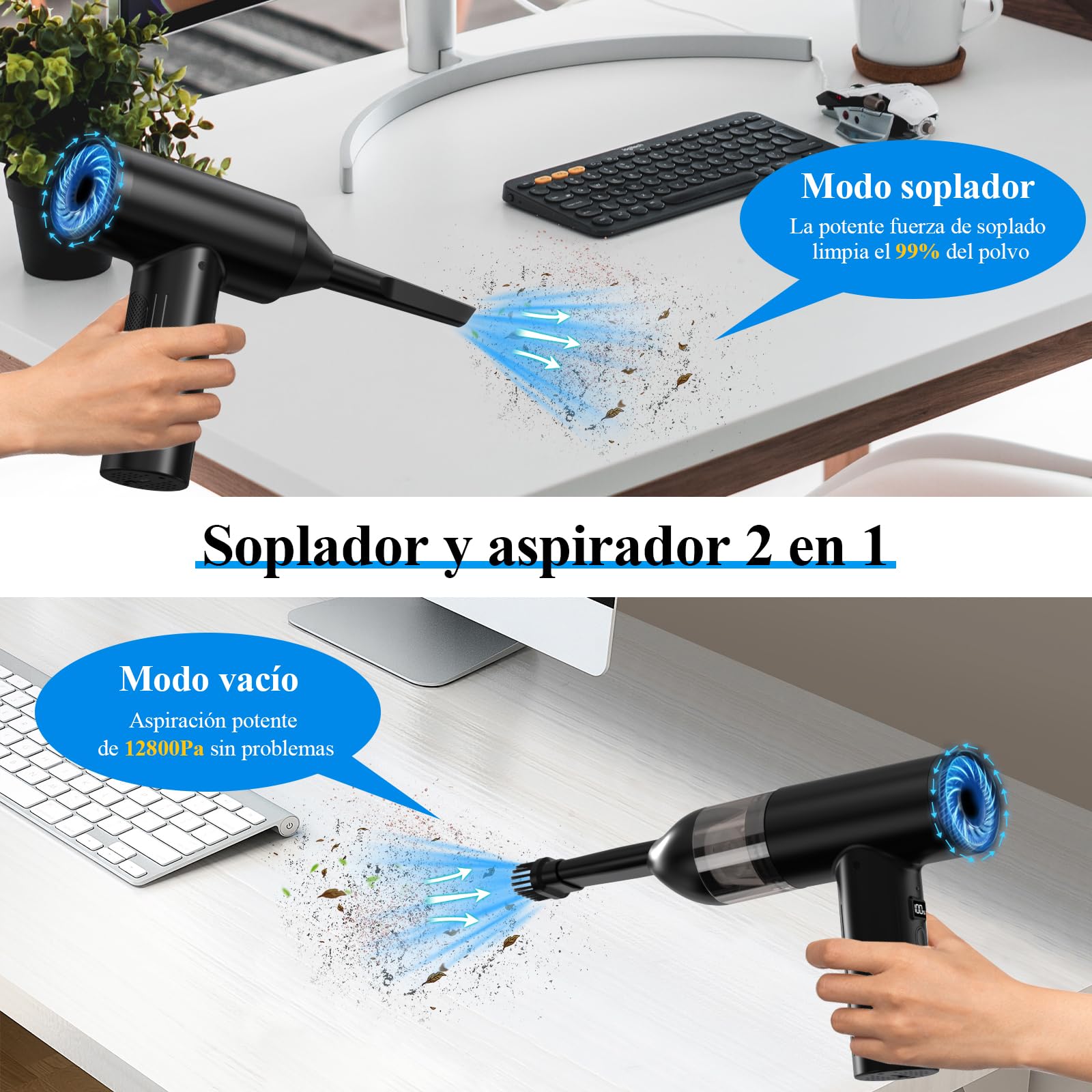 Minthouz Mini Aspiradora de Mano 3 in 1 Multifunción 120W Soplador de Polvo Eléctrico 12800PA, USB 7500mAH Aspirador Coche Potente,para el Hogar Mascota/Ordenador/Teclado