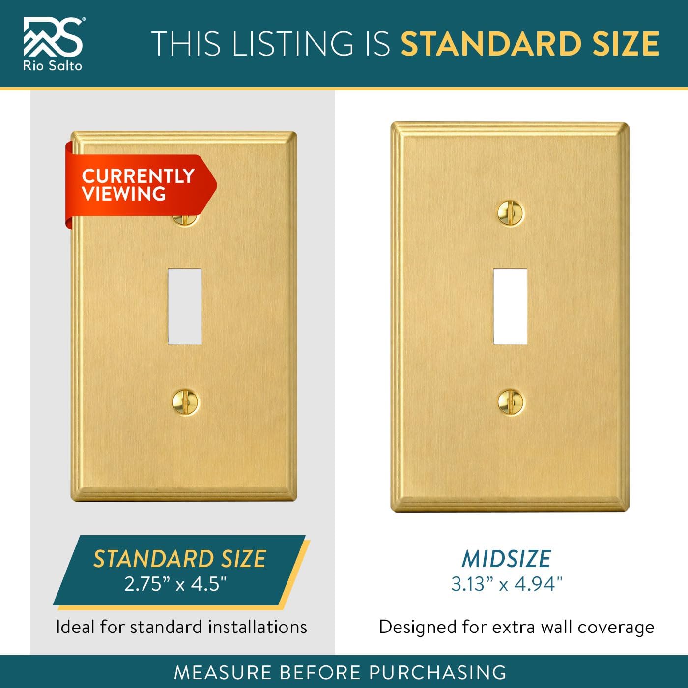 Rio Salto BRASS Deco Collection Gold 1-Gang Toggle Light Switch Plate 5 Pack Standard Size 4.5" x 2.75" Flip Switch, Brushed Brass Gold Decorative Wall Plate, Luxury Premium Metal Cover
