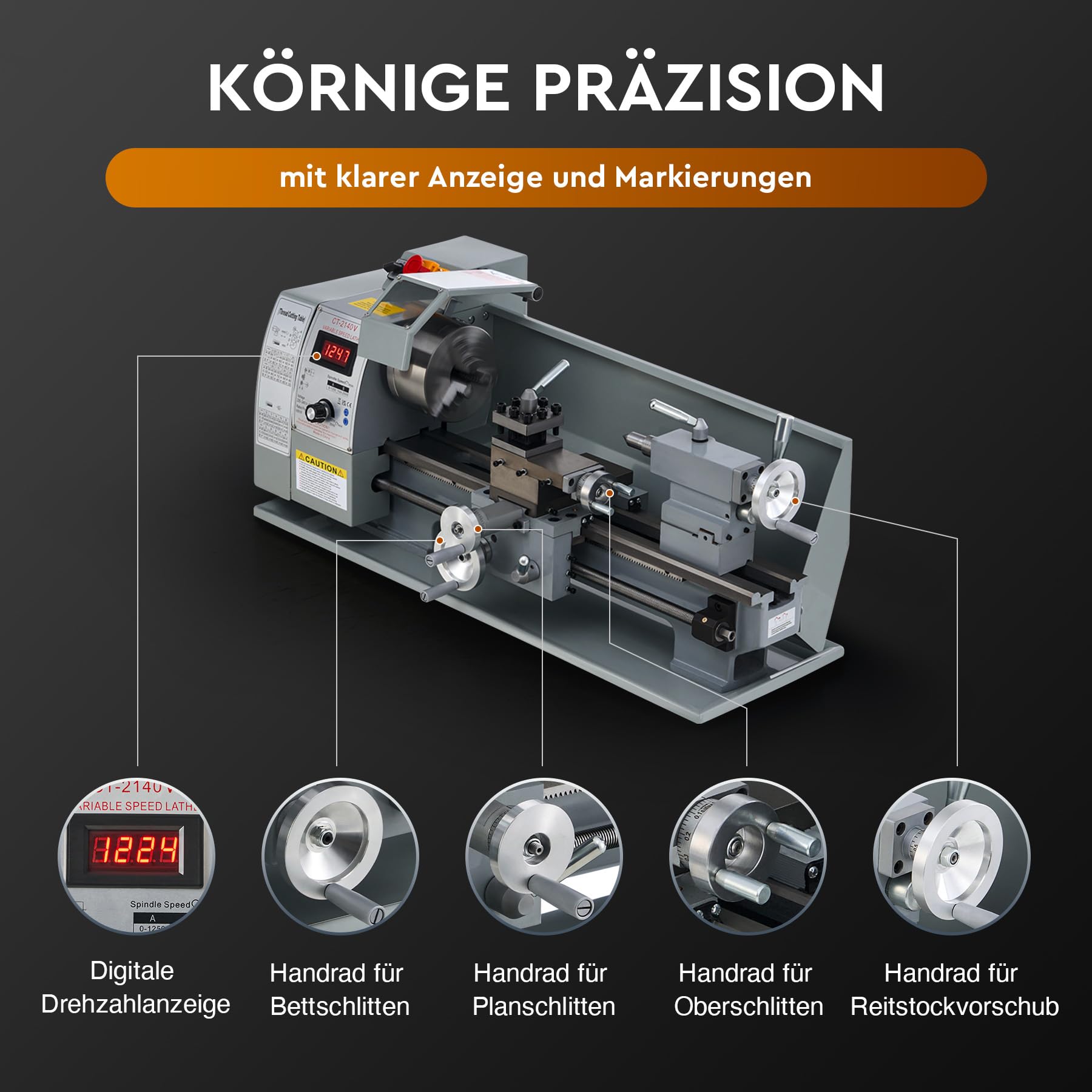 CREWORKS Metalldrehmaschine 750W Drehmaschine 8x16 Zoll Tischdrehmaschine 210x400MM Drehbank Metall 2500 RPM Mini-Metalldrehmaschine für Metallbearbeitung Metal Lathe (8 x 16 Zoll)
