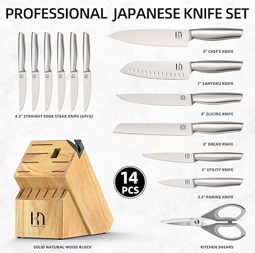Miniatura 6 de Juego de cuchillos de alta calidad para cocina, 14 piezas, acero inoxidable japonés de alto carbono UltraSharp con bloque y afilador incorporado,