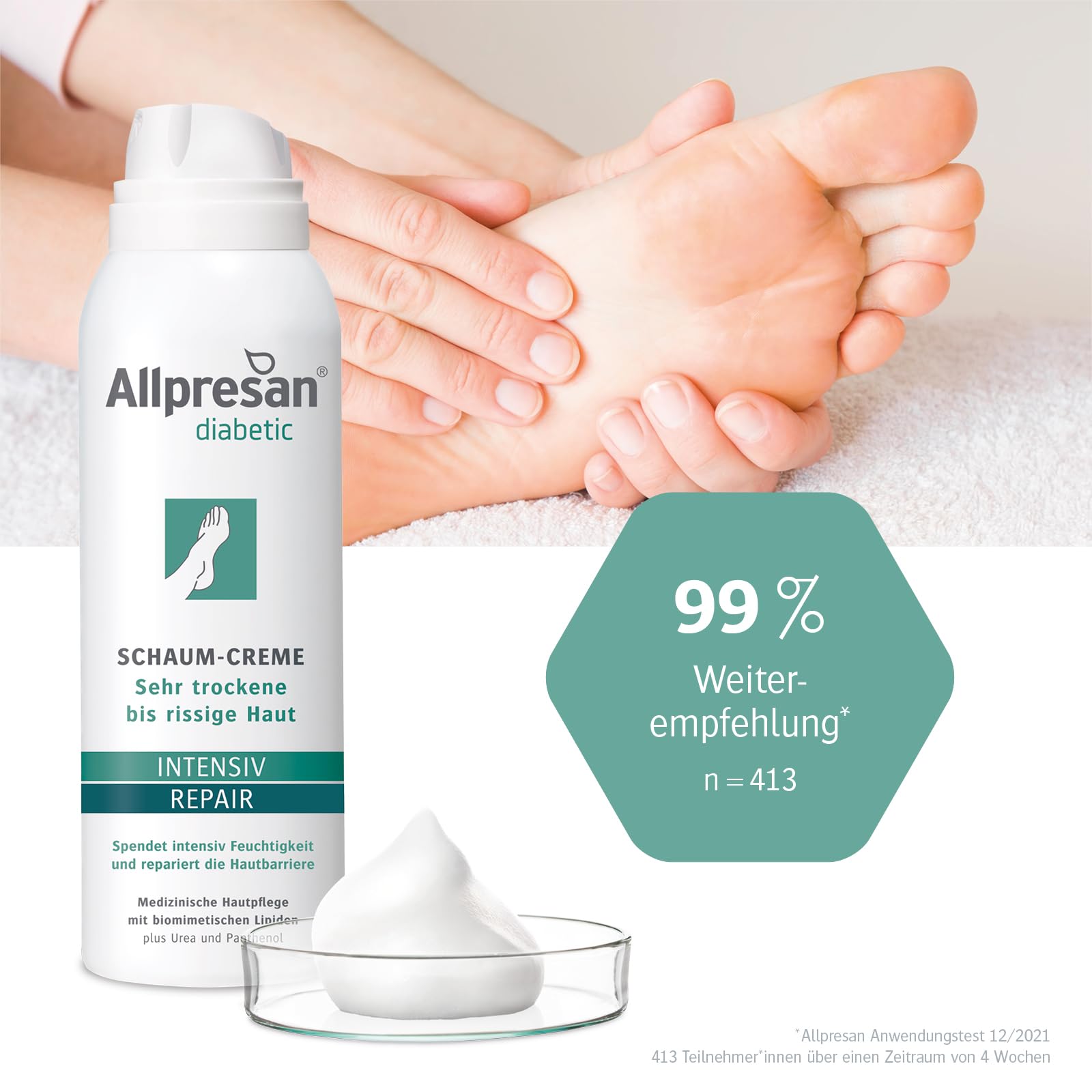 Allpresan Crema de espuma intensiva y reparadora diabética, para la diabetes mellitus, para pieles muy secas o agrietadas, 125 ml (3 unidades)