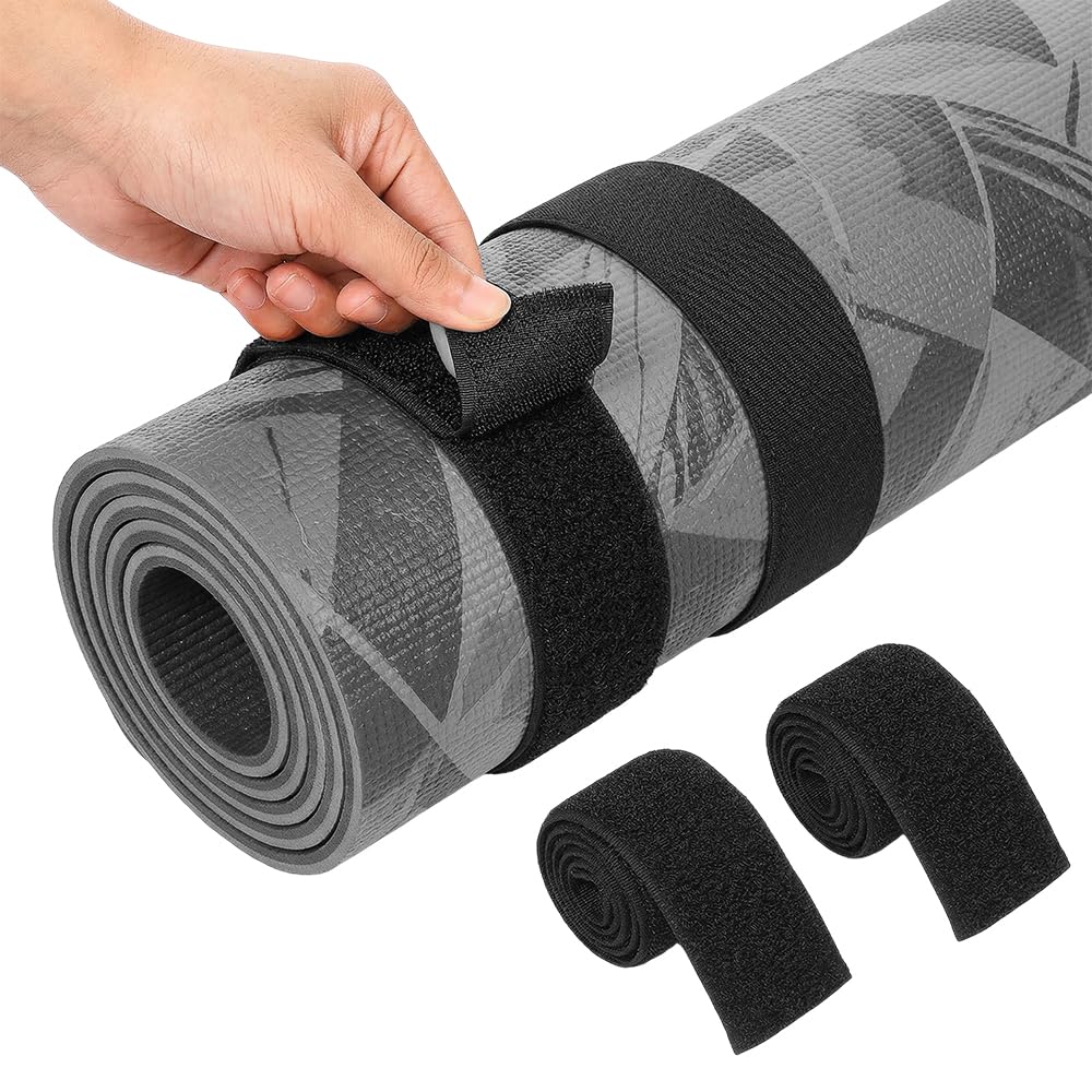 2pcs Elastic Hook and Loop Straps Heavy Duty - Reusable Cinch Fastening Cable Ties Adjustable Extension Lead Organiser Cord Tidy Wrap for Yoga Mat Camping Garage Storage Hose Luggage (Black)