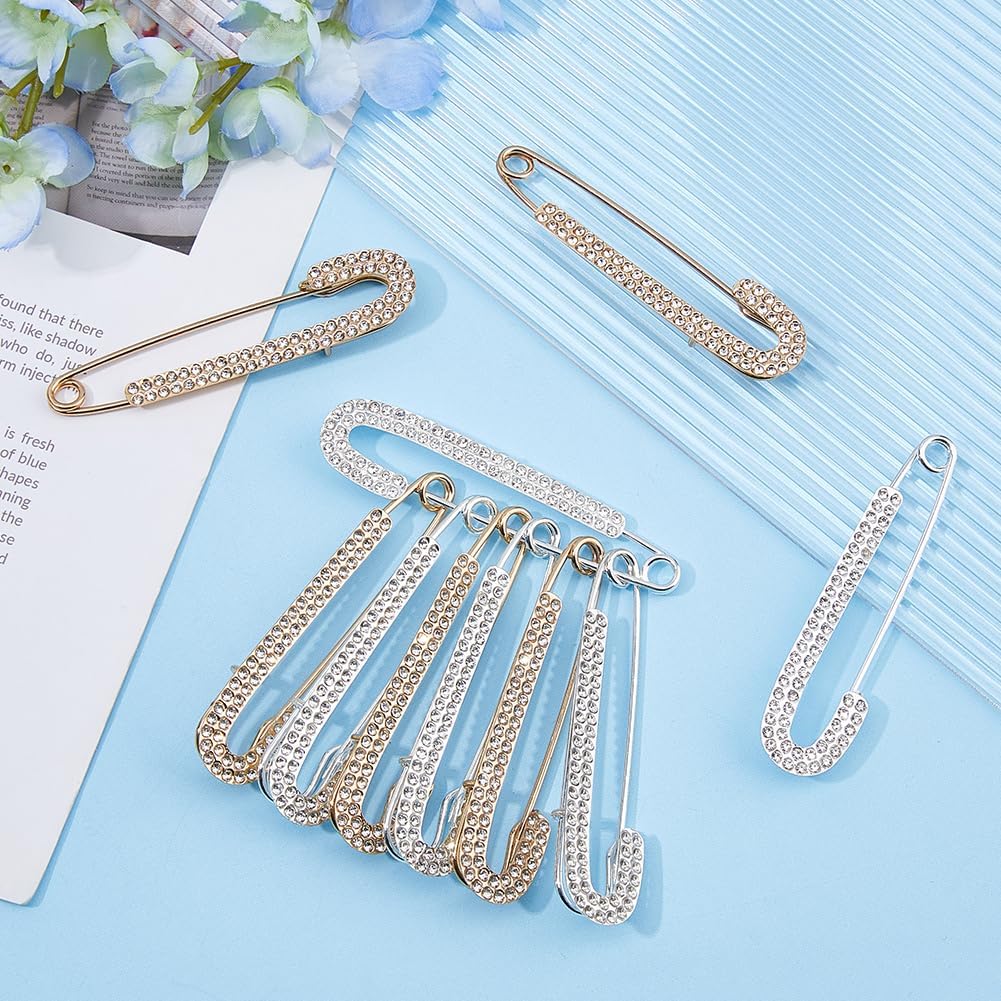 10Pcs 2 Colors Rhinestone Safety Pins 19x77.5mm Brooch Sweater Shawl Clips Faux Crystal Brooches Golden and Silver Brooch Pins for Clothing Sweater Scarf Lapel Dress Hat Accessories