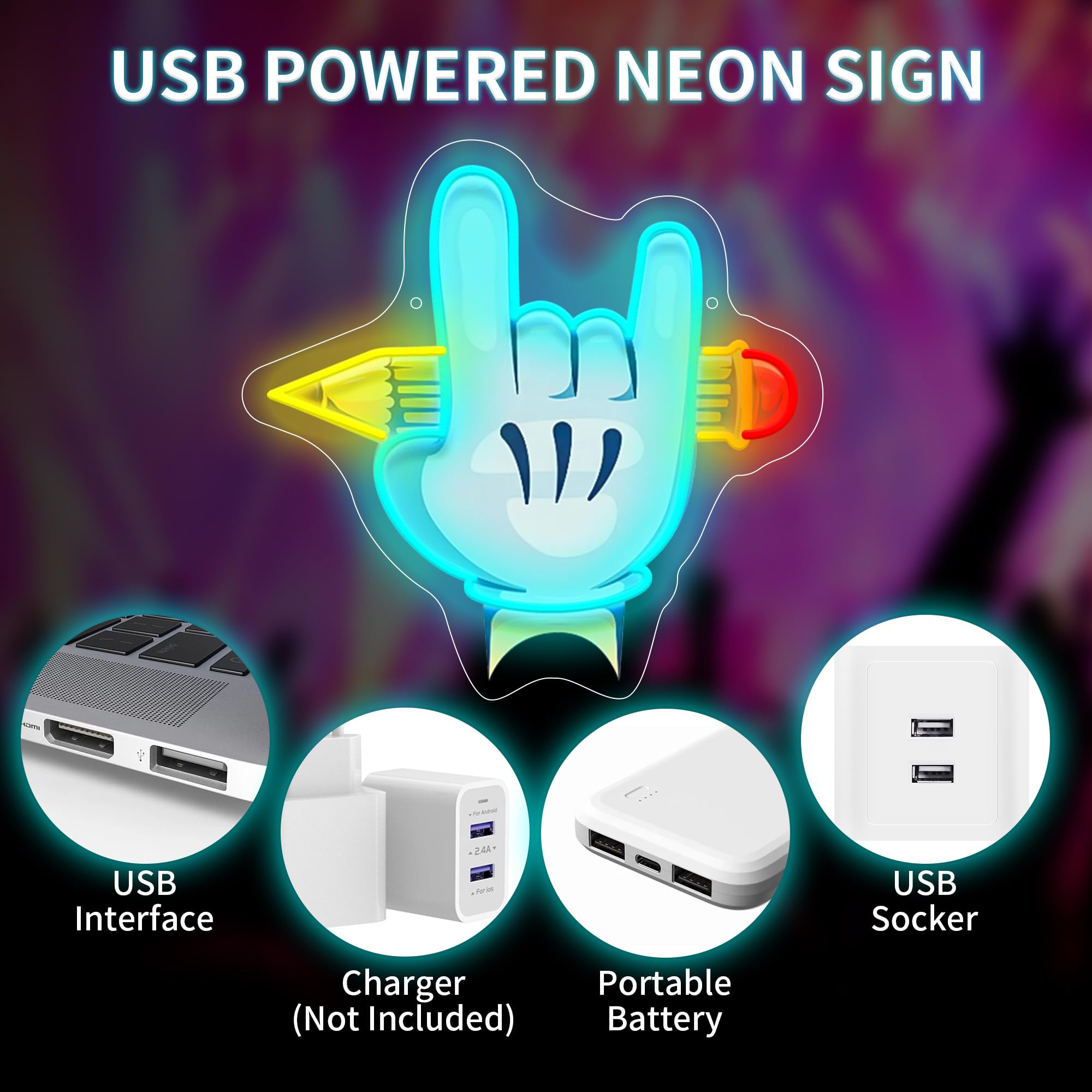 Rock Hand LED Neon Sign USB Powered for Wall Decor, Matita Neon Night Light Sign dimmerabile per la decorazione della stanza del partito della musica Regali di compleanno