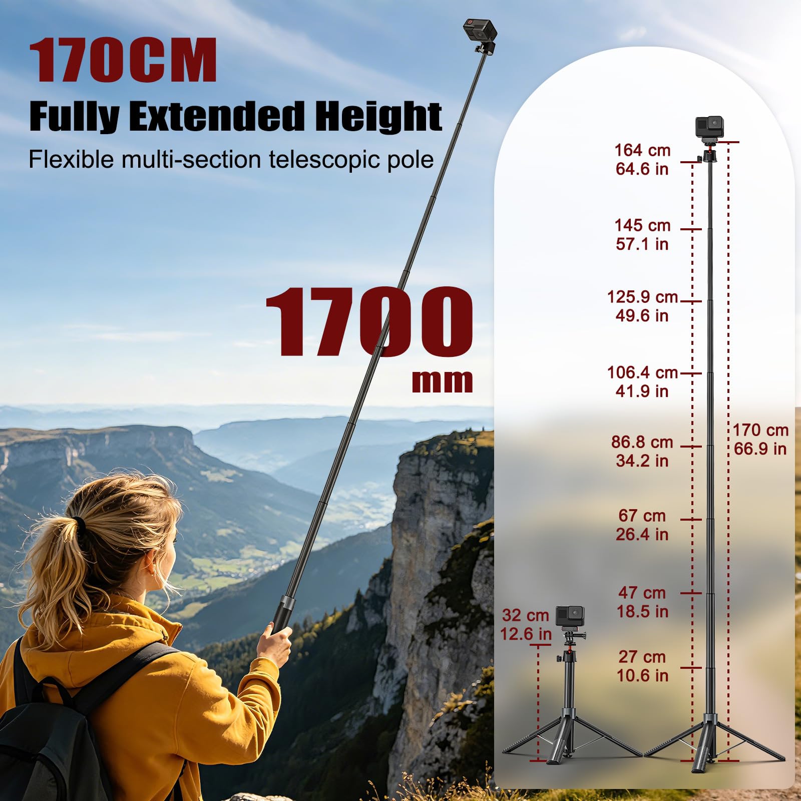 170cm Selfie Stick Stativ für DJI Osmo Pocket 4/3 DJI Action 5 Pro Insta360 | Action Cam 2-in-1 Reisestativ/Halterung/Hand Grip/Zubehör für Insta 360 X5 X4 X3 DJI Osmo Action 4