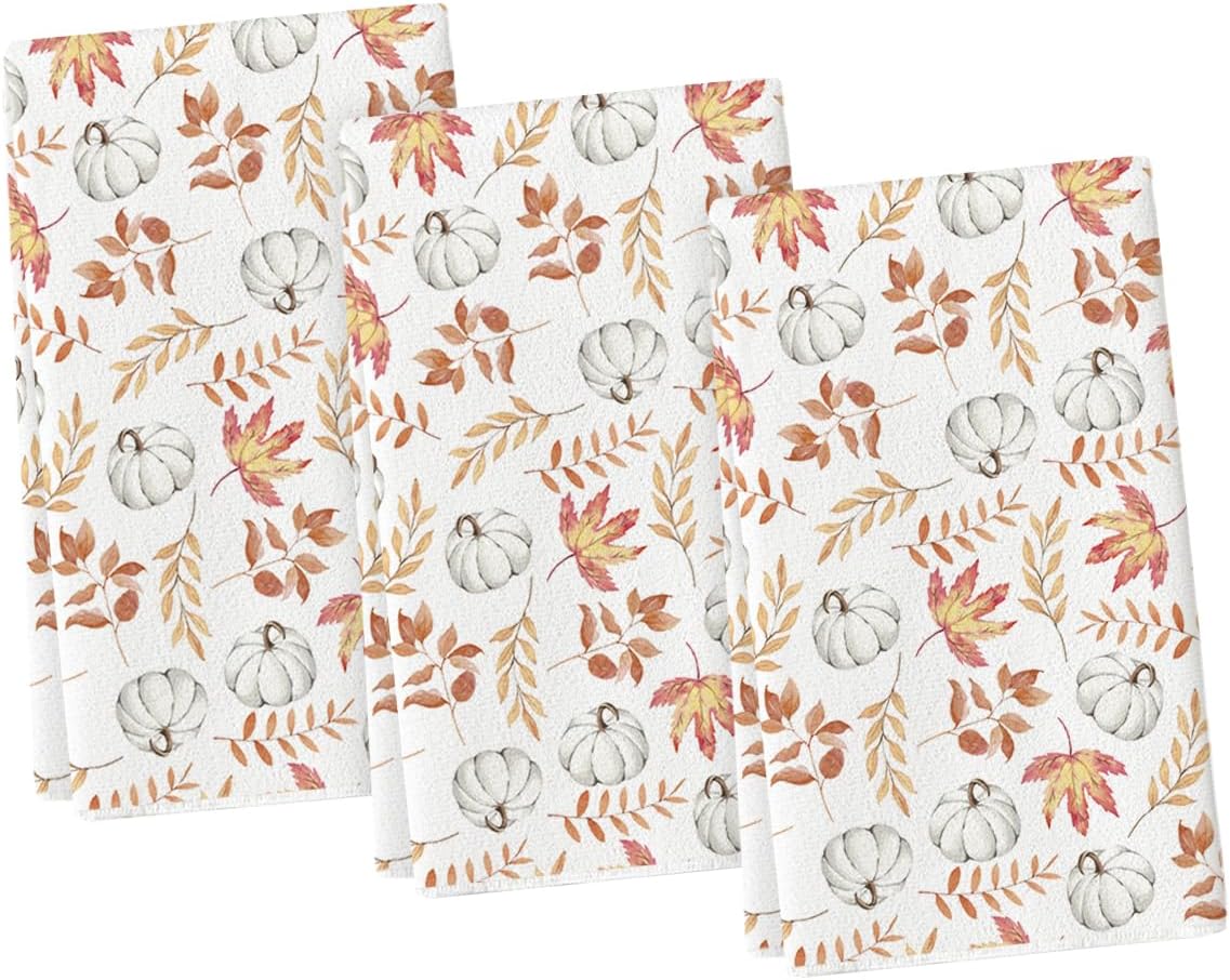 Artoid Mode Orange Leaves Pumpkin Fall Kitchen Towels Set of 3 18x26 Inch