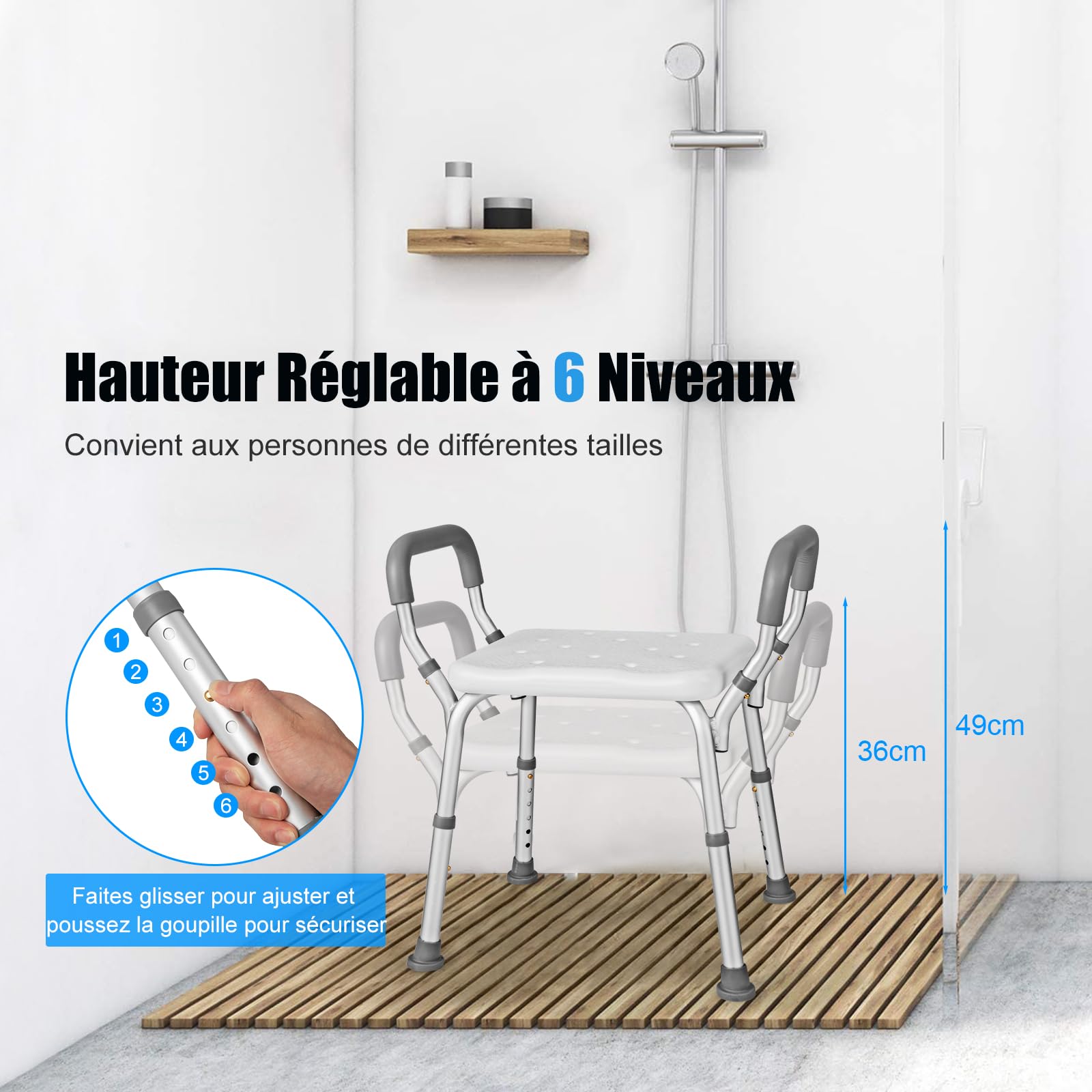 RELAX4LIFE Taburete de ducha antideslizante ajustable en altura 54-67 cm, silla de ducha de aluminio con reposabrazos, asiento de ducha para adultos para personas mayores discapacitadas embarazadas